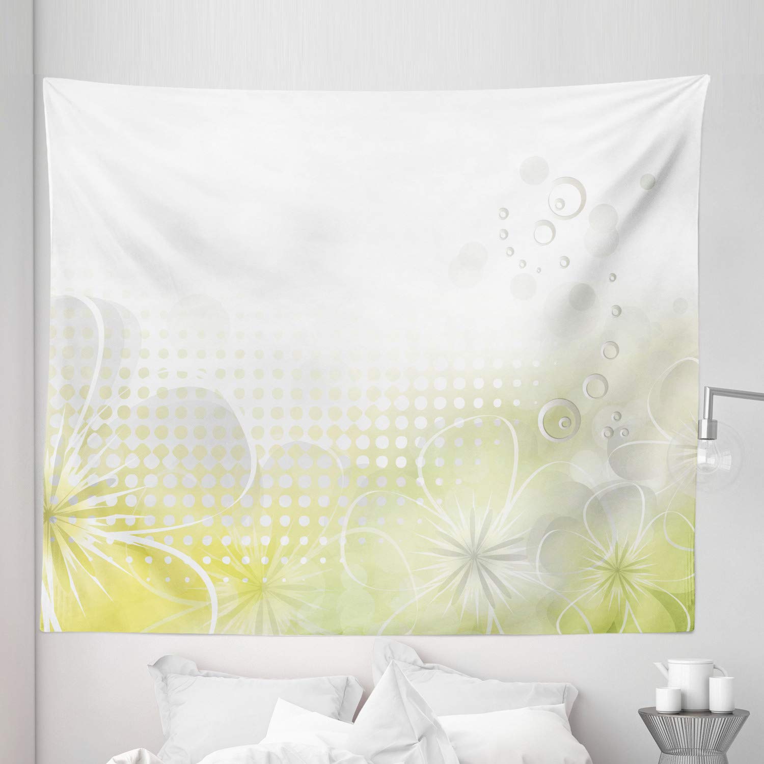 Ambesonne King Size Grey and Yellow Abstract Grunge Tapestry with Water Bubbles & Flowers Design - 104x88 Inch Wall Hanging, Bedspread, Bed Cover for Home Decor - Perfect for Bohemian Bedrooms, Dorm Rooms & Living Room Wall Art