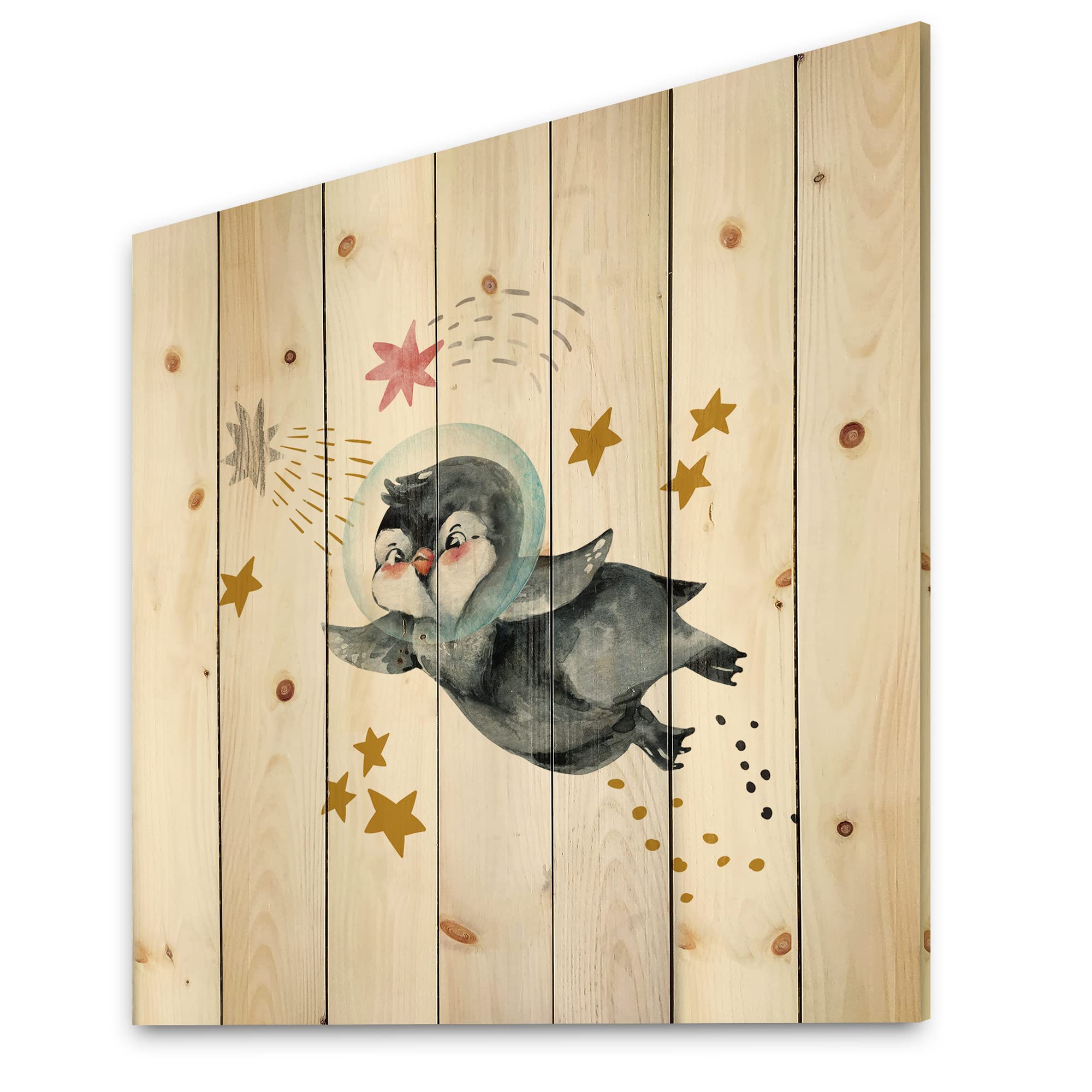 Little Penguin Flying Stars and Planets I - Farmhouse Style Wall Art Print on Natural Pine Wood | Nursery Decor, Kids Room Decoration, Unique Gift Idea