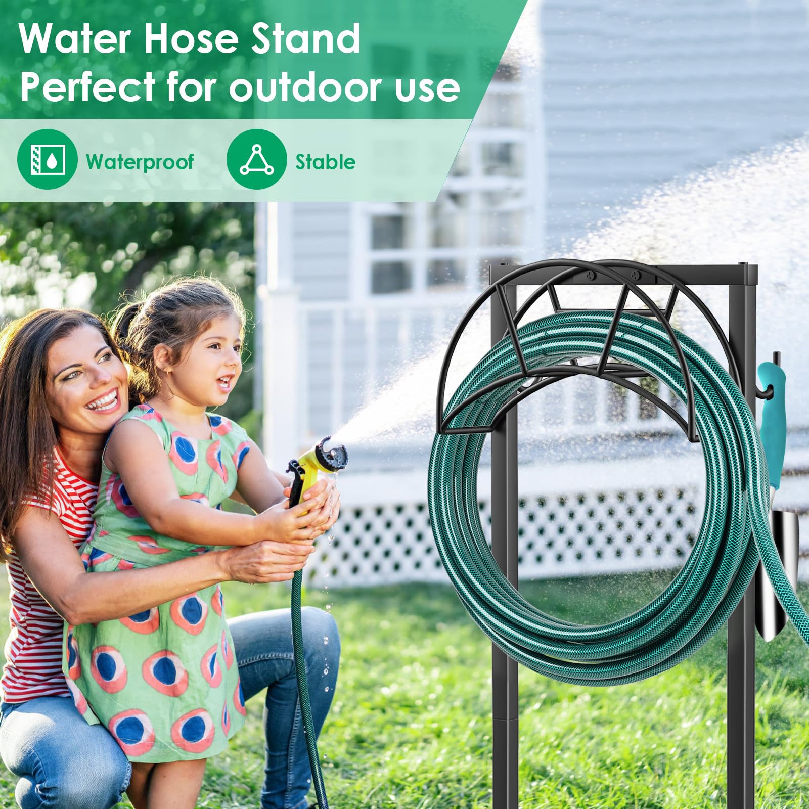 **TomCare 4-Spike Garden Hose Holder & Reel Stand - Heavy-Duty Hose Storage with Tool Hooks, Organizes Up to 150ft Hoses - Perfect for Yard, Lawn, and Outdoor Watering (Black)**    *(Ideal for garden maintenance, car washing, and outdoor water storage – keeps hoses tangle-free and tools within reach!)*