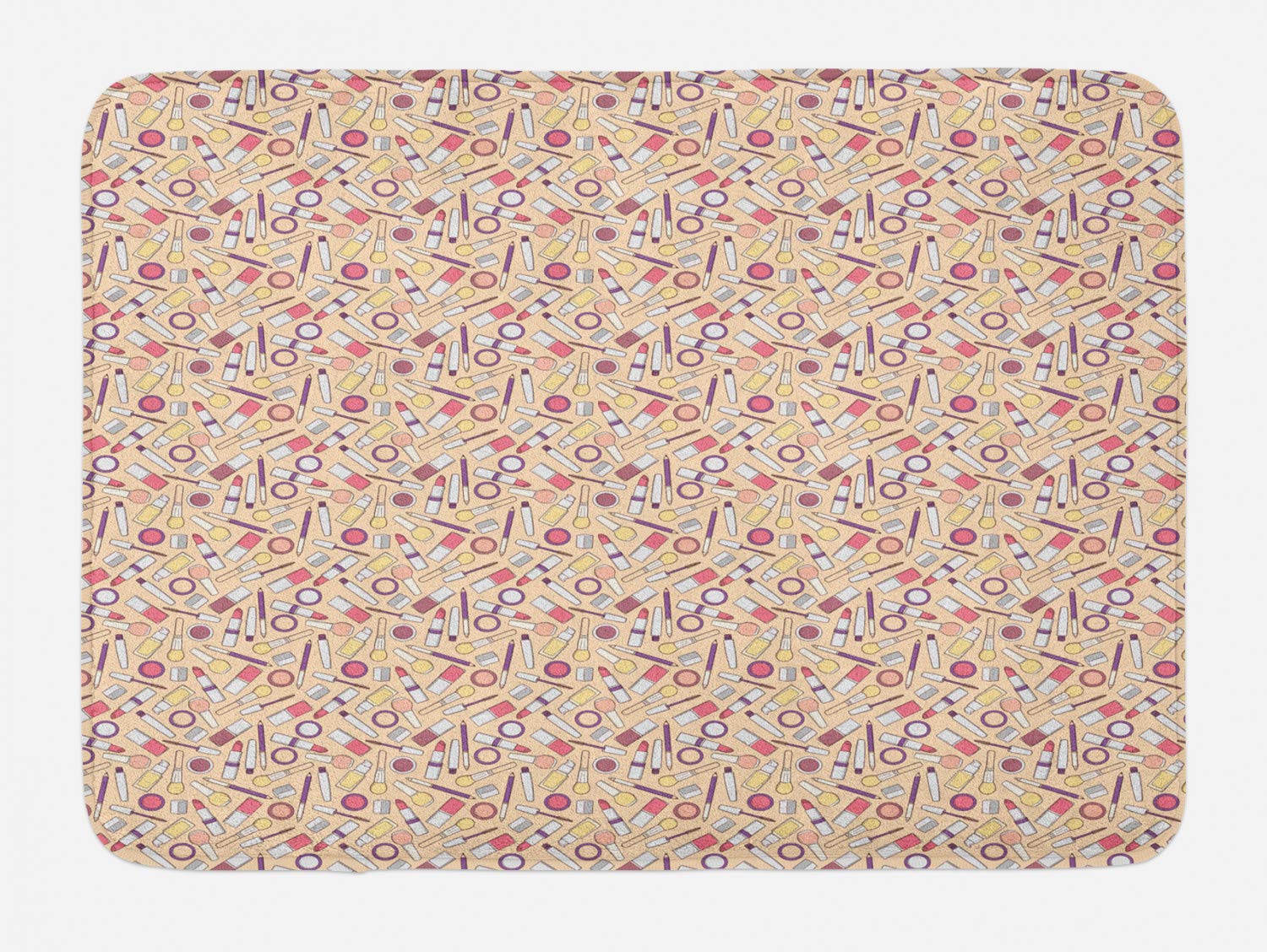 Ambesonne Non-Slip Plush Bath Mat - Fashion Makeup Print with Lipstick, Rouge, Mascara & Nail Polish Design, 30.2