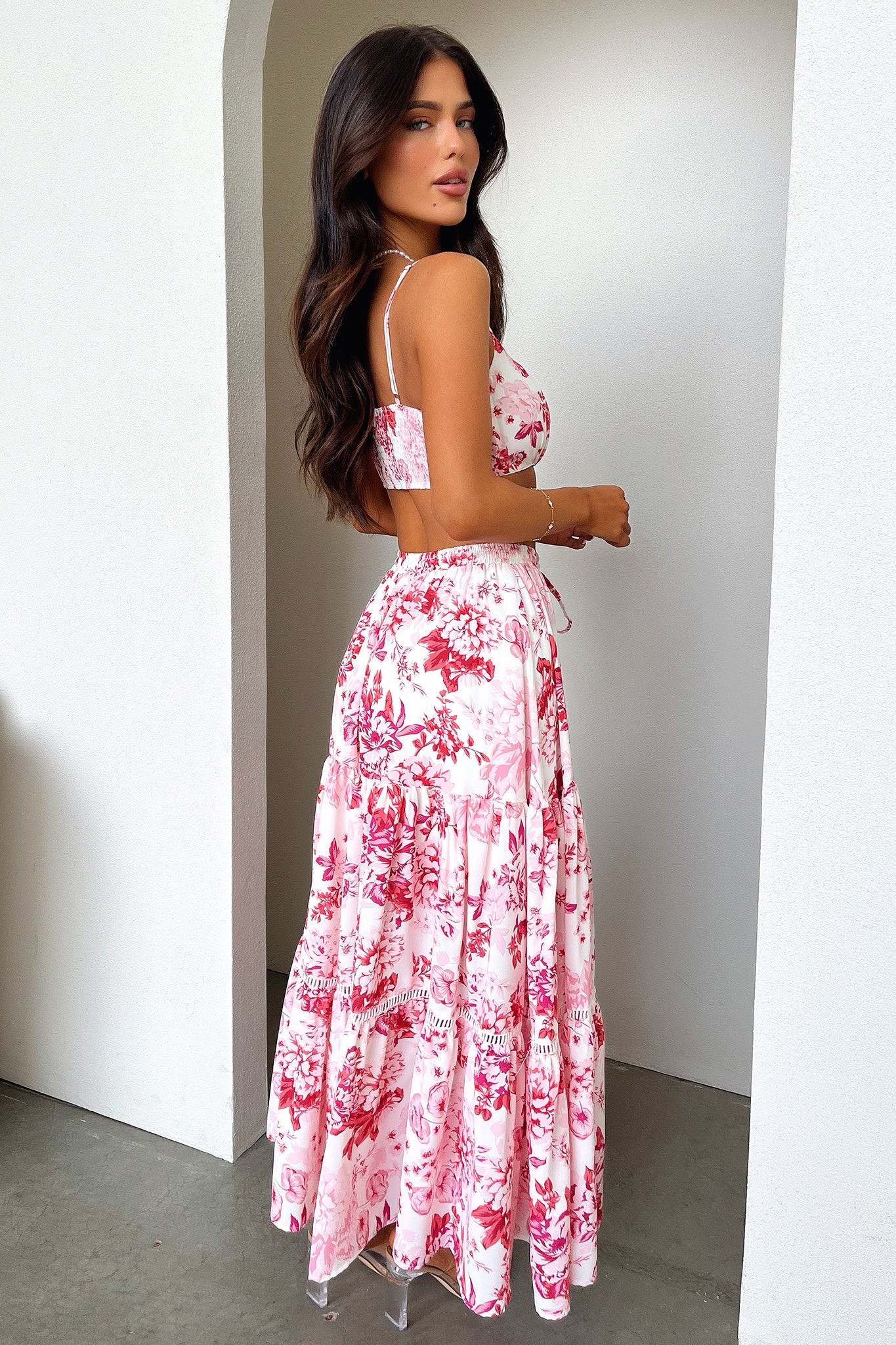 Kei Maxi Skirt - Floral Print Pink & Red Long Skirt for Women | Boho Summer Beach Dress, Vacation Outfit, Casual Elegant Fashion