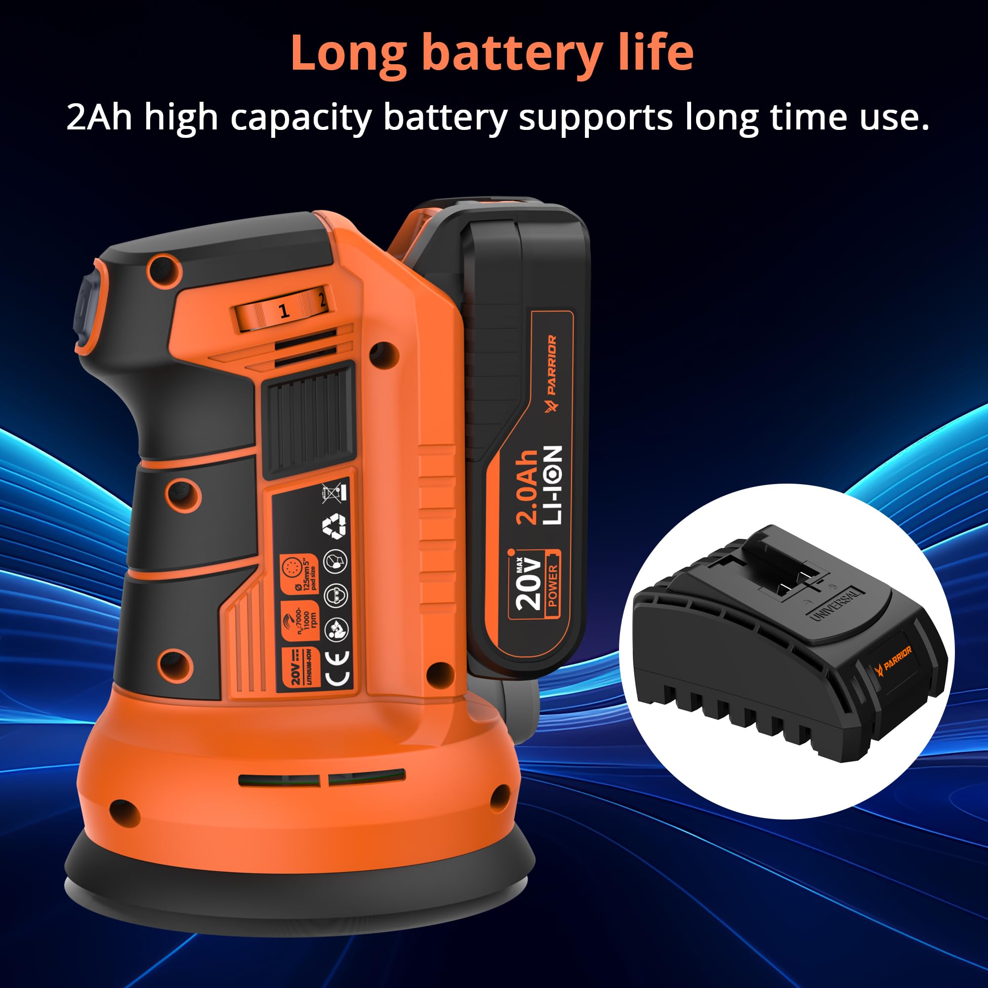 20V Cordless Detail Sander with 11,000 RPM Variable Speed - 5-Inch (125mm) Sanding Disc - Includes 12 Sandpapers & Quick Charge Kit - Compact Electric Sander for Woodworking, Furniture, Carpentry - Perfect for DIY Projects, Home Renovation, and Professional Wood Finishing