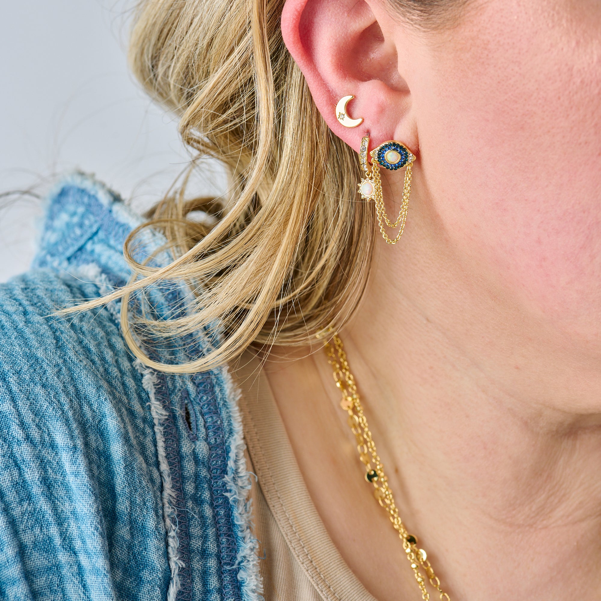 Evil Eye & Celestial Stud Earrings Set for Women - Protection Jewelry, Dainty Gold Hoop Earrings - Perfect for Everyday Wear, Gift Giving & Spiritual Healing
