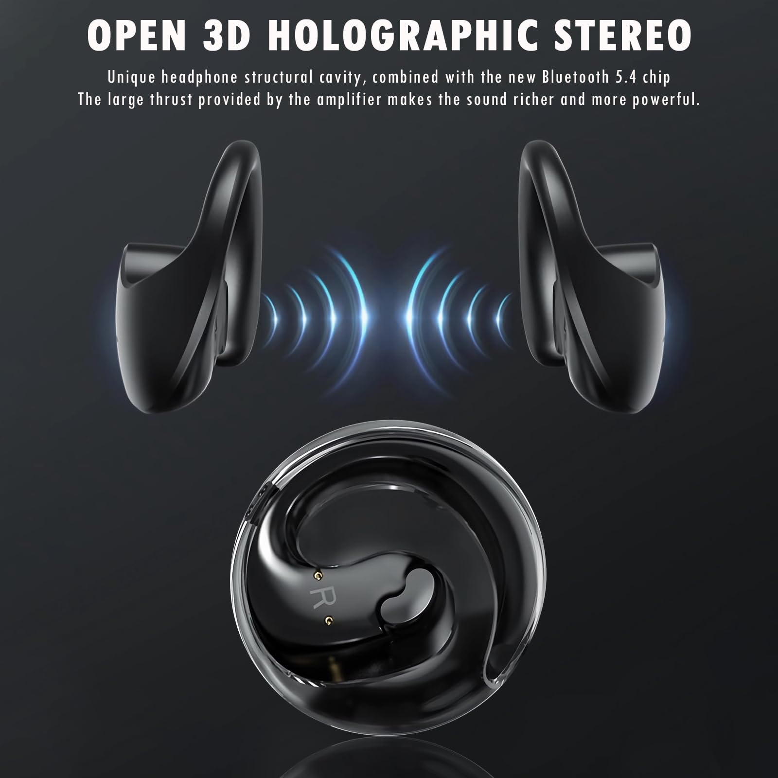 OneNine Open Ear Wireless Bluetooth 5.4 Headphones - IPX5 Waterproof, Noise Cancelling Sport Earbuds with Mic & Earhooks for Running, Gym & Outdoor Activities (Black, Compatible with Android/iOS)