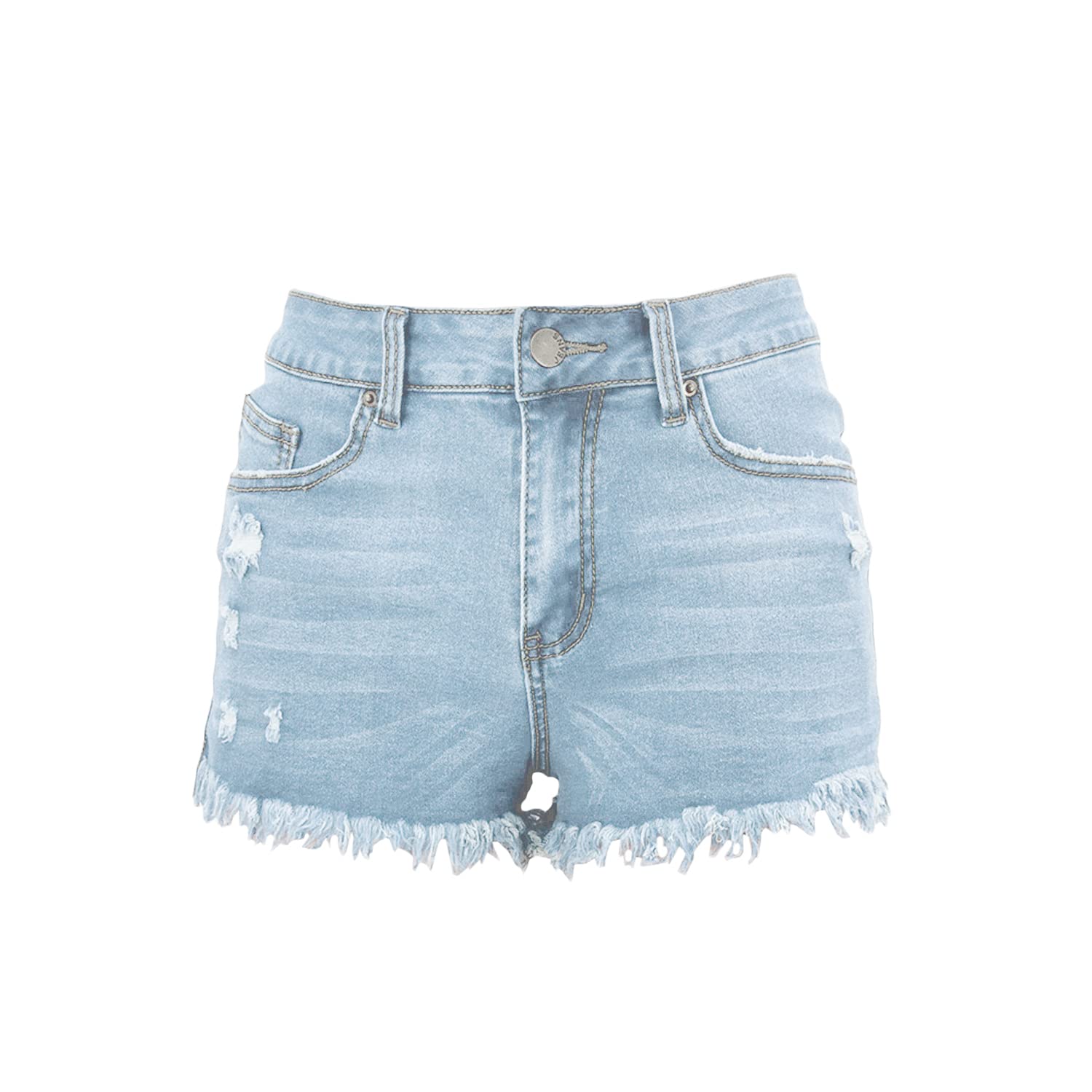 Women's Fringed Ripped Denim Shorts with Raw Hem & Button Details - Light Blue Distressed Jean Shorts for Summer | X-Large Size | Perfect for Beach Outings, Music Festivals & Casual Street Style