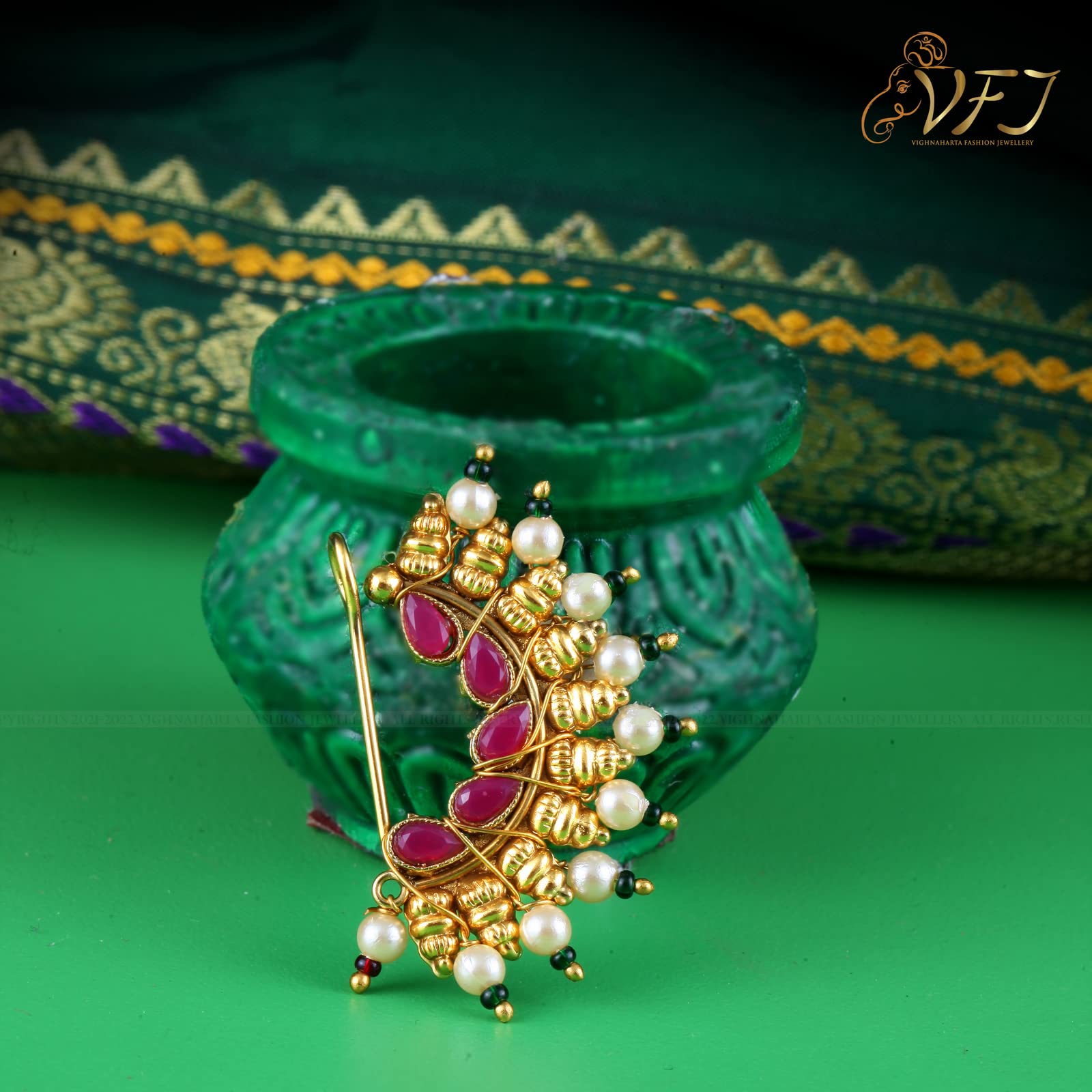 Vighnaharta Maharashtrian Gold Plated Alloy Nose Pin with Artificial Stones & Pearl Work - Traditional Indian Jewelry for Women & Girls - Perfect Valentine's Day Gift for Her, Wedding Accessory, Festival Wear