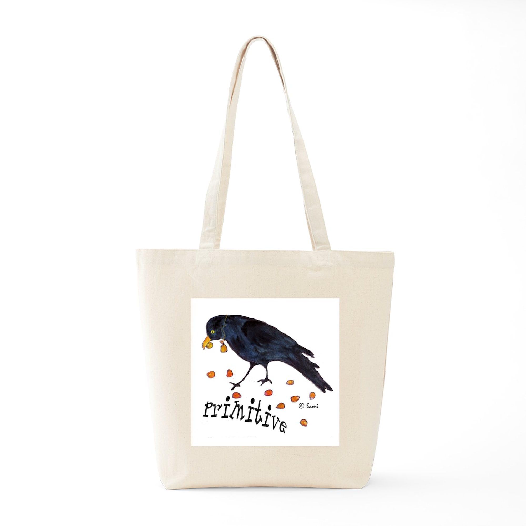Primitive Crow Tote Bag - Natural Canvas Reusable Shopping Bag for Groceries, Beach & Farmers Market | Eco-Friendly Cotton Tote with Roomy Pockets