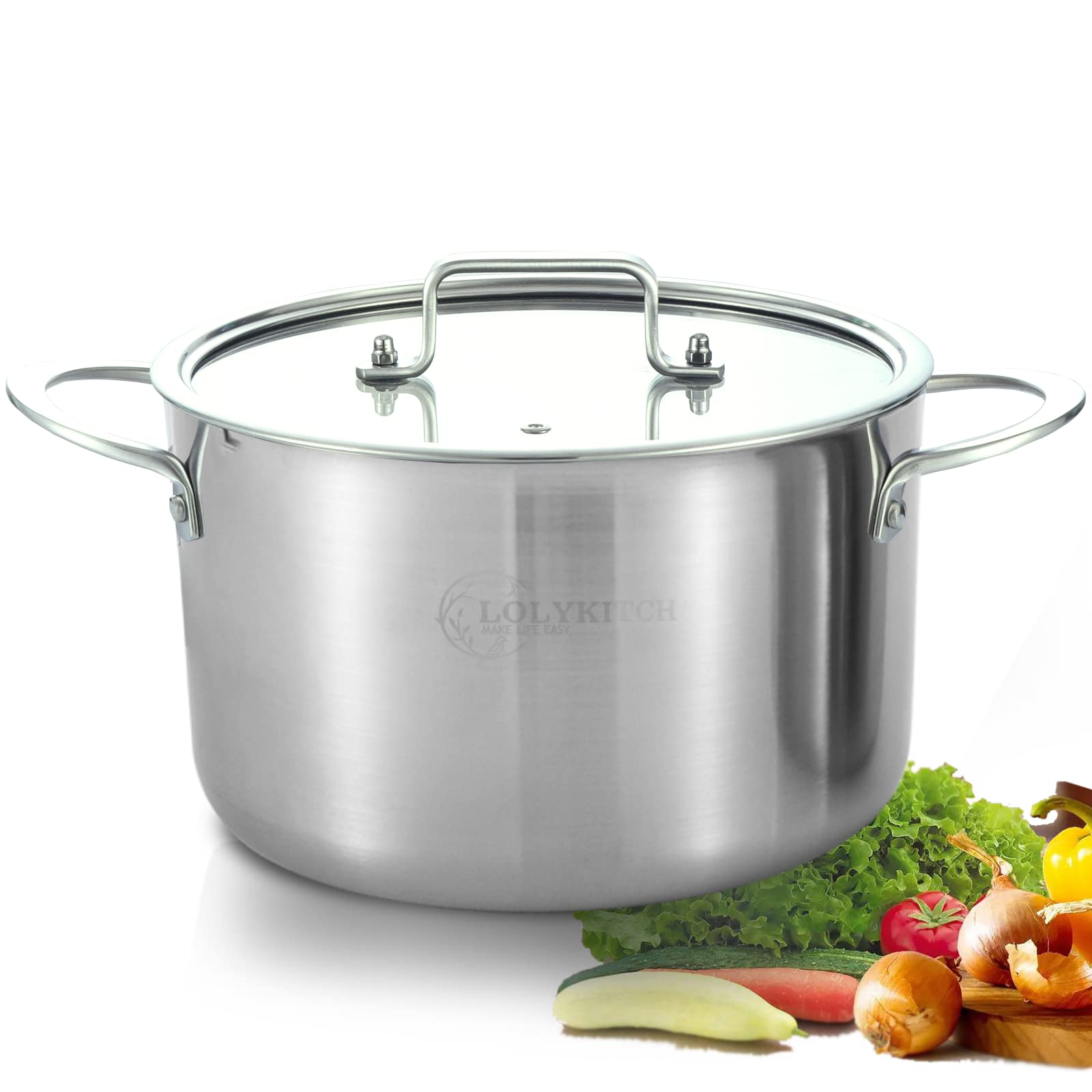 LOLYKITCH 5 QT Tri-Ply Stainless Steel Stock Pot with Lid - Induction Compatible Soup Pot for Gas, Electric & Induction Cooktops | Oven & Dishwasher Safe | Perfect for Soups, Stews, Pasta & Family Cooking