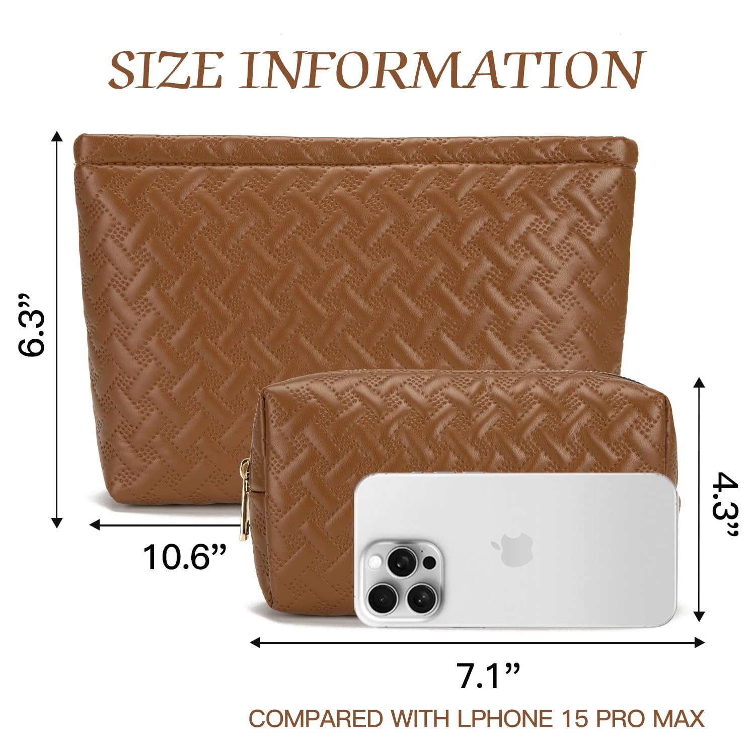 2 Pack Vegan Leather Makeup Bag for Women - Waterproof Travel Cosmetic & Toiletry Organizer with Brush Holder - Perfect for Purse, Gym, Vacation Essentials (Brown)