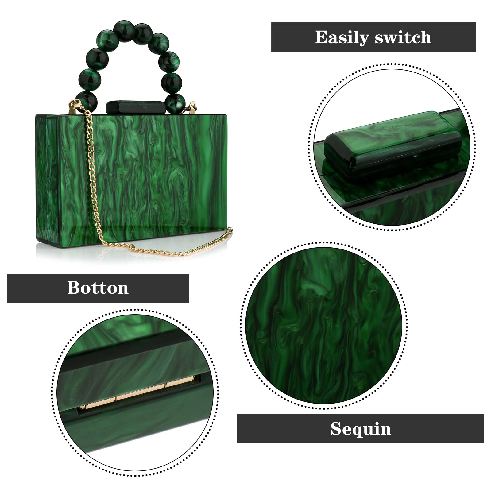 Elegant Marble Acrylic Evening Clutch Purse for Women - Pearl Chain Crossbody Handbag for Wedding, Prom, Party & Formal Events | Stylish Accessory for Date Night, Cocktail Parties & Special Occasions