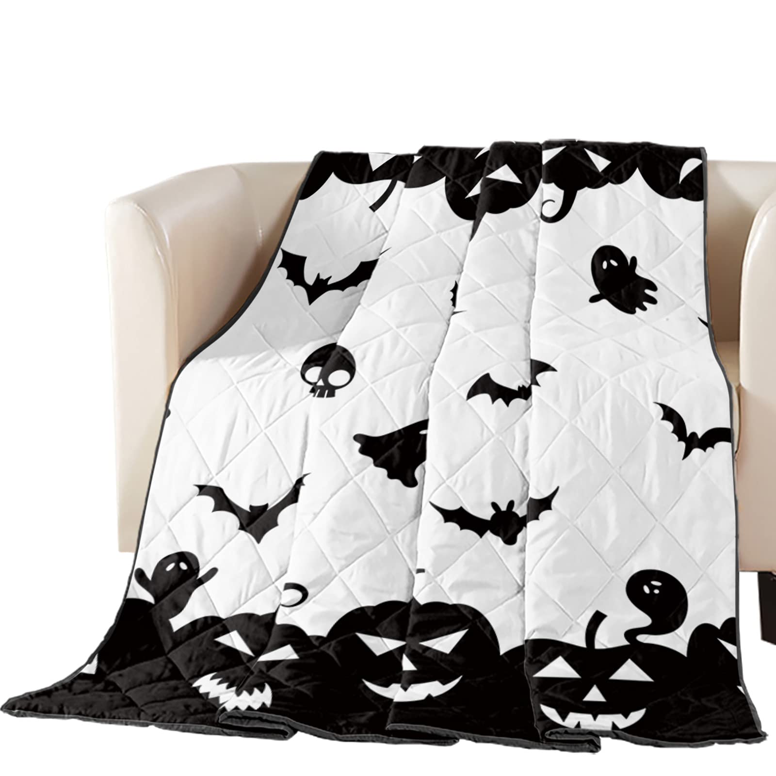 Halloween Scary Black Silhouette Comforter - Reversible Plush Down Alternative Quilted Bedding Set, Ultra Soft Lightweight All Season Duvet Insert with Spooky Pumpkin Skull Ghost Bats Design - Perfect for Couch, Sofa & Bed Decor (Halloween Party, Themed Bedroom, Cozy Fall Nights)
