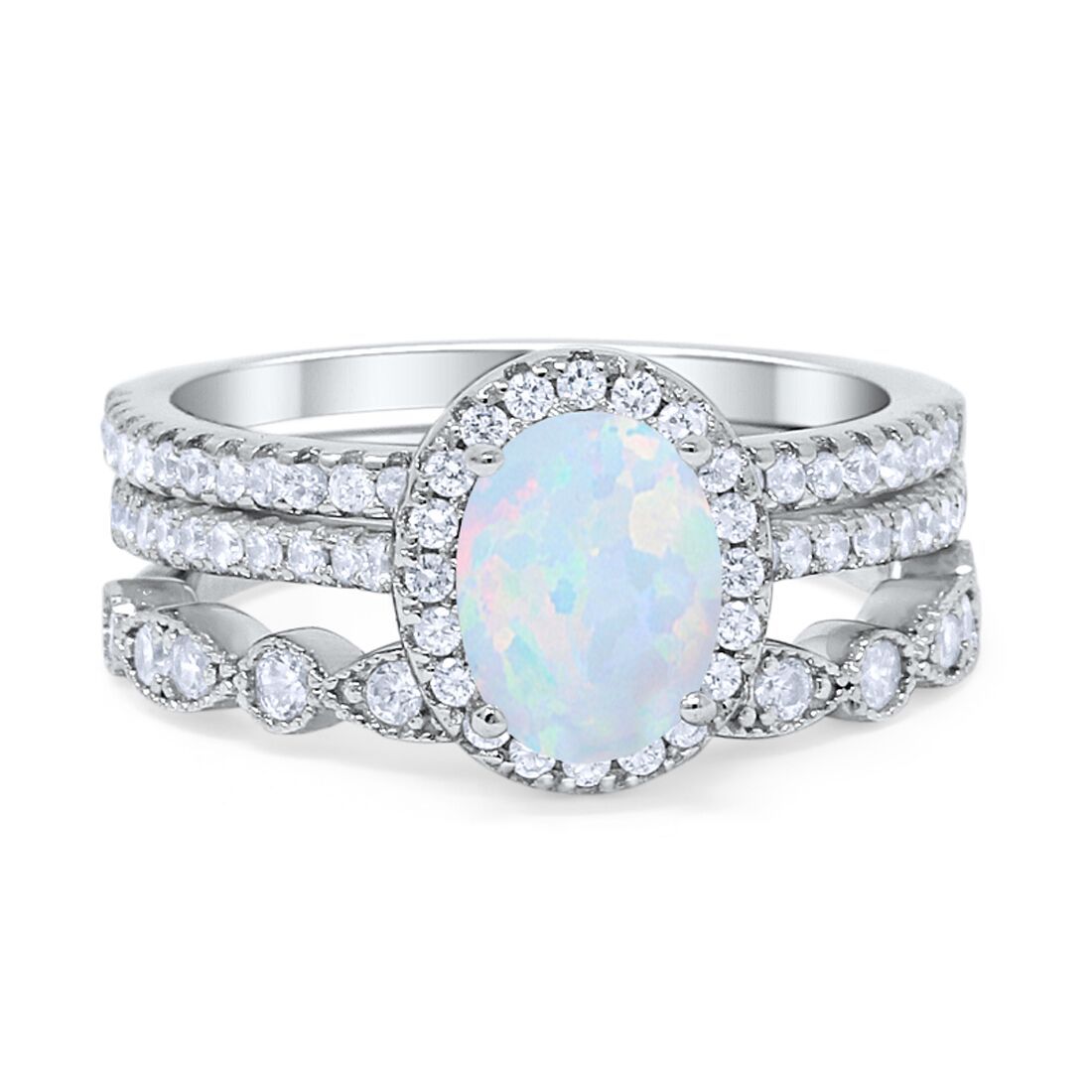 3-Piece Halo Art Deco Wedding Band Set with Oval & Round Cubic Zirconia in 925 Sterling Silver - Choose Your Color | Perfect for Engagement, Anniversary & Bridal Jewelry Gifts