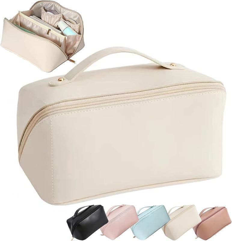 KRITIMA Multifunctional Travel Makeup Bag - Waterproof PU Leather Cosmetic Organizer for Women (Cream) | Perfect for Travel, Gym & Daily Use