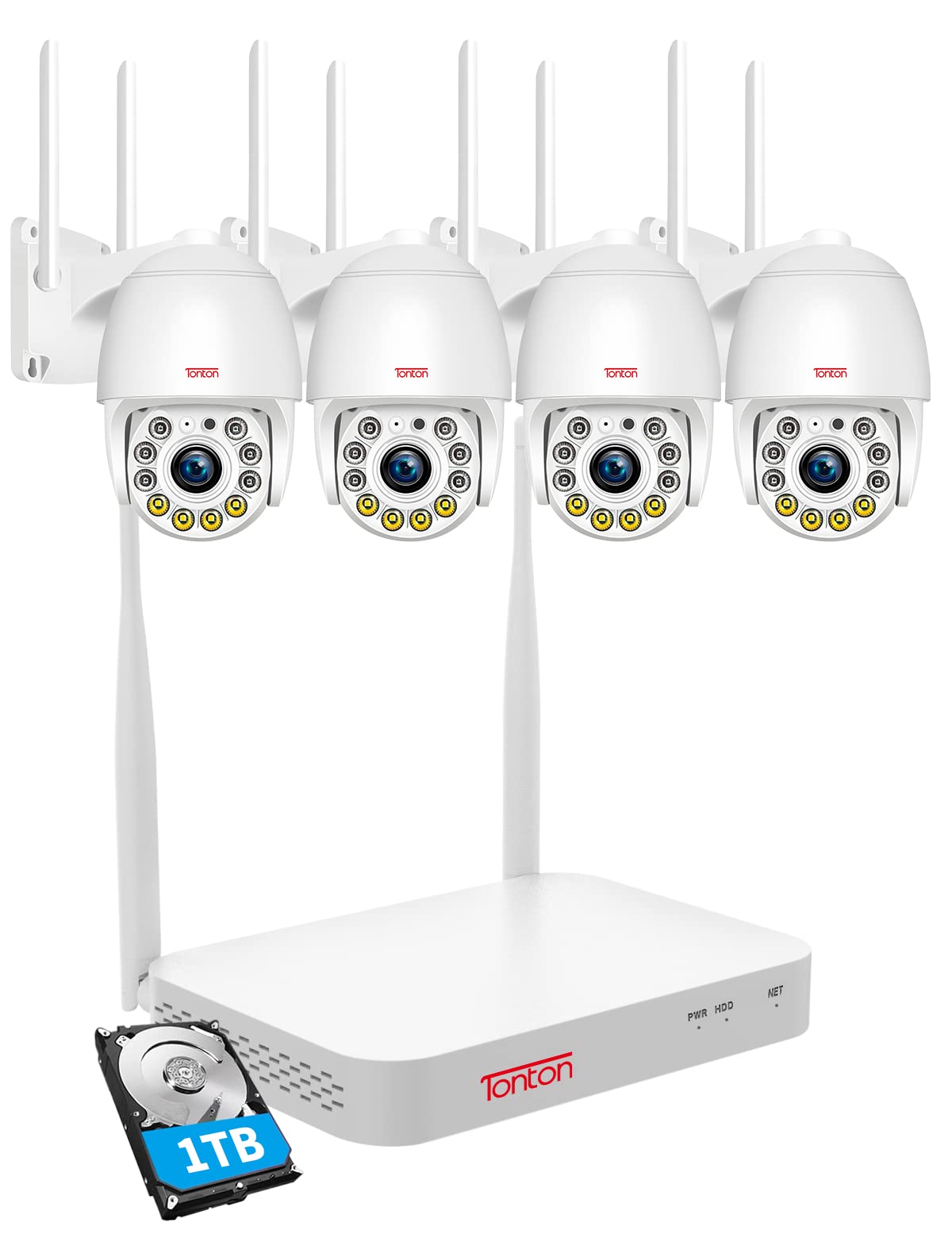 Tonton 3MP Wireless Outdoor Security Camera System with 10CH Dual WiFi NVR - 360° Auto Tracking, IP66 Waterproof, Motion Detection Alerts, 2-Way Audio, Night Vision & 1TB HDD (4 Pan-Tilt Cameras) - Ideal for Home, Business & Property Surveillance