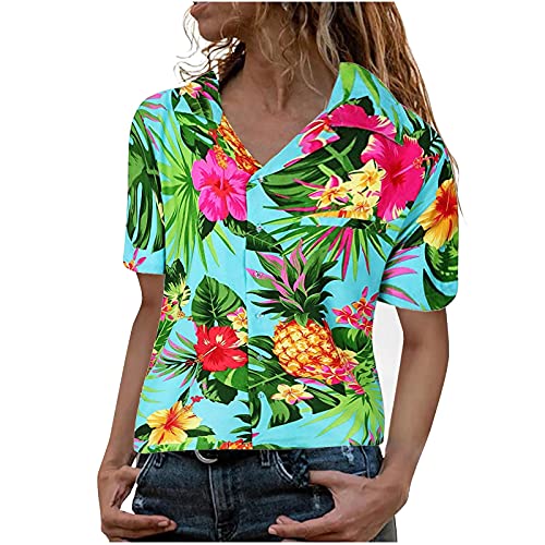 Hawaiian Pineapple Print Women's Short Sleeve Shirt - Tropical Floral Blouse with Front Pocket, Casual Summer Beach Top (Green, XL) for Vacation, Luau Party & Tropical Getaway