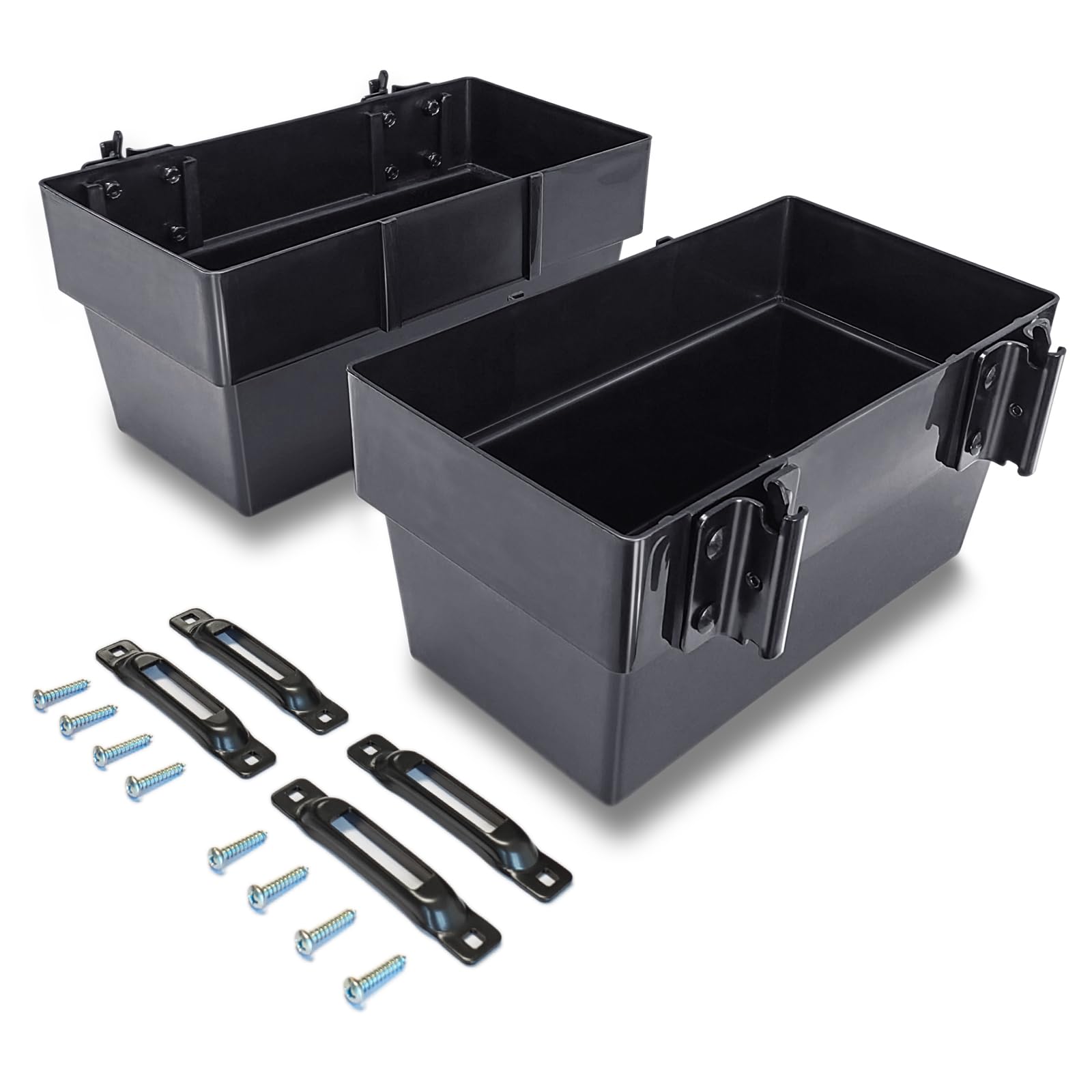 2 Pack E-Track Storage Bins & 4 Pack Single Slot Tie Down Anchors - Heavy Duty Trailer Organizer for Cargo, Tools & Equipment - Perfect for Enclosed Trailers, Vans & Truck Beds - Includes Extra Brackets