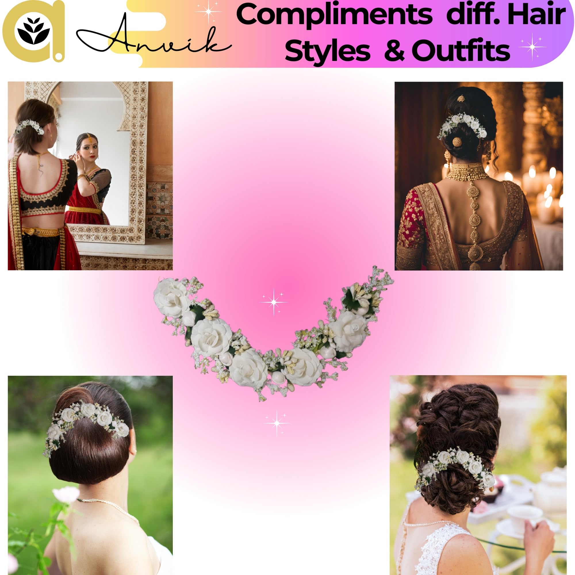 ANVIK White Artificial Rose Flower Hair Bun Gajra - Elegant Bridal Wedding Hair Accessories for Women | Perfect for Bridal Parties, Indian Weddings & Special Occasions