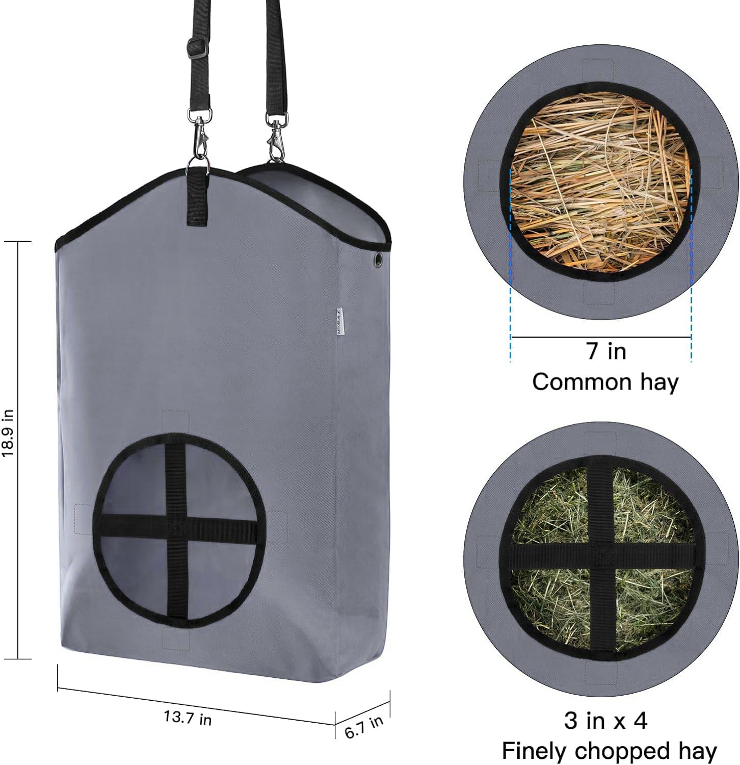 3 Packs Goat Hay Feeder - Premium 600D Oxford Cloth Hay Bags for Goats, Horses & Sheep with Metal Fastener & Adjustable Feed Hole - Slow Feeding Solution (1 Black + 2 Grey) - Perfect for Barns, Stables & Pastures
