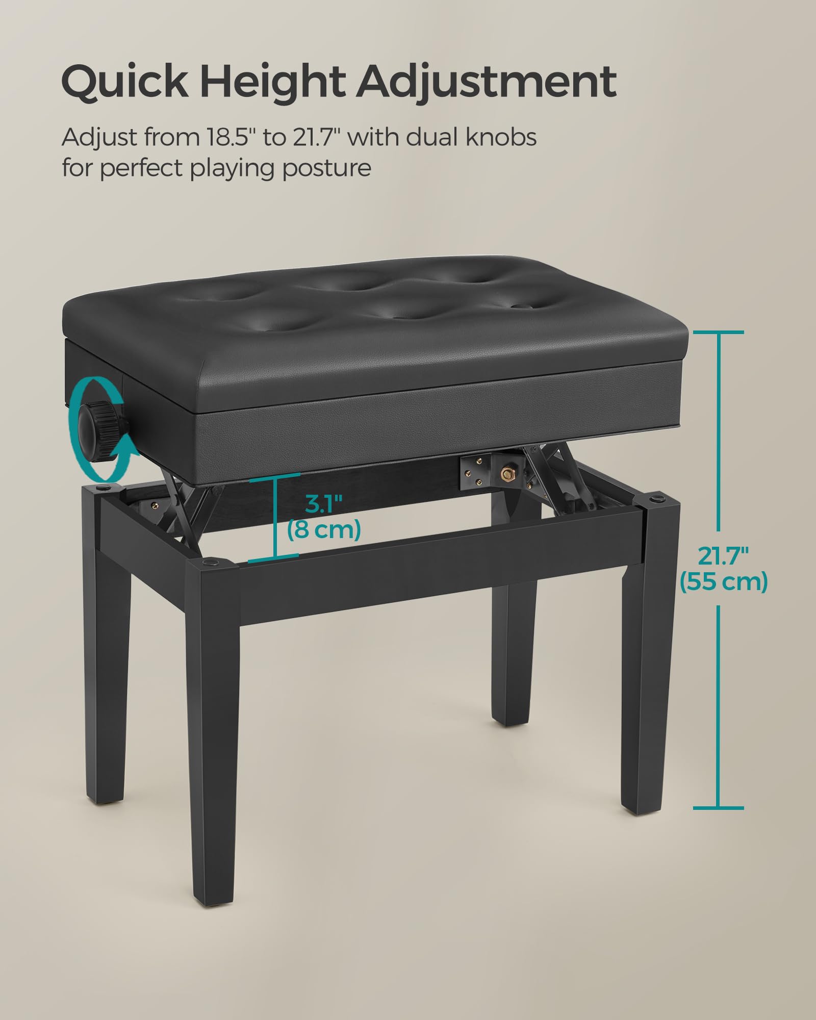 SONGMICS Adjustable Wooden Piano Bench Stool with Sheet Music Storage - Black ULPB57H | Comfortable Piano Seat for Home, Studio & Practice | Perfect for Pianists, Keyboard Players & Music Lovers