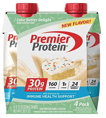 Premier Protein Shake - Cake Batter Flavor, 30g Protein, 1g Sugar, 24 Vitamins & Minerals, Immune Support, 11oz (4 Pack) - Perfect for Post-Workout Recovery, Meal Replacement & On-the-Go Nutrition