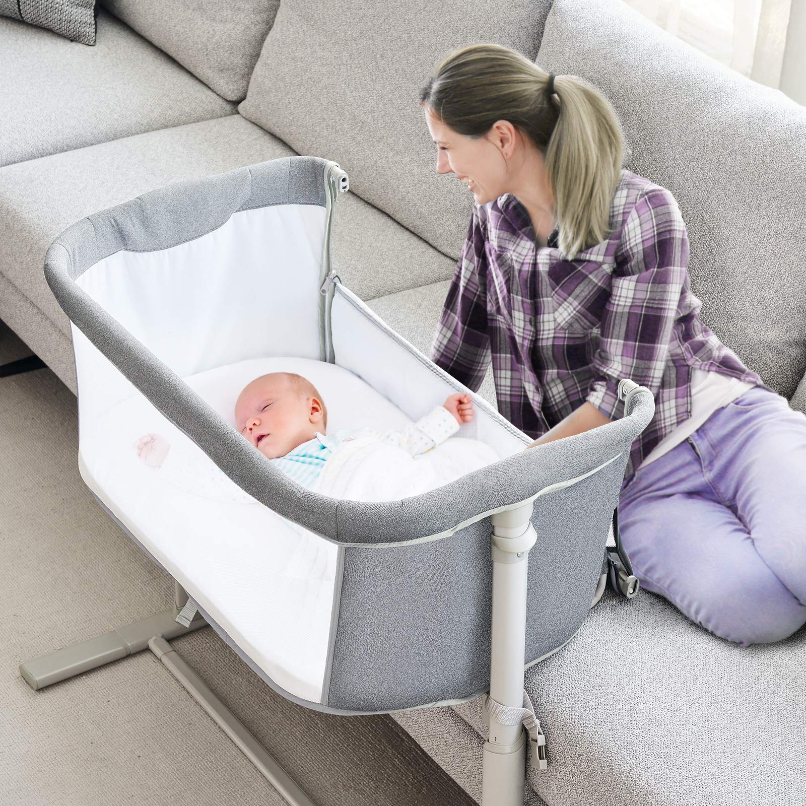 RONBEI Adjustable Baby Bassinet Bedside Sleeper - Easy to Assemble Crib for Newborns & Infants | Portable Nursery Bed with Height Adjustment | Perfect for Co-Sleeping, Bedroom & Nursery Room