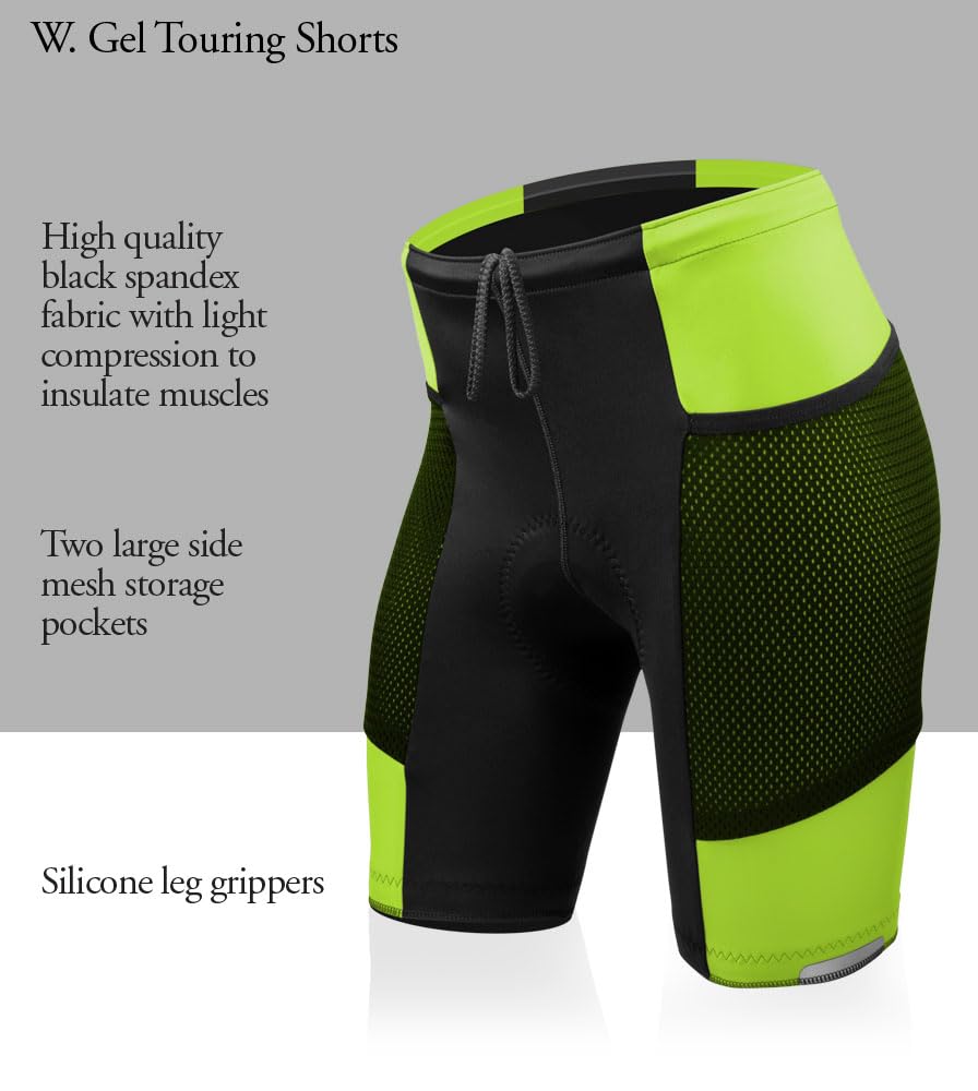 Women's Gel Touring Padded Bike Shorts - Long Distance Cycling Shorts with Mesh Pockets | Comfortable & Breathable for Road Biking, Spinning & Outdoor Sports | Made in USA
