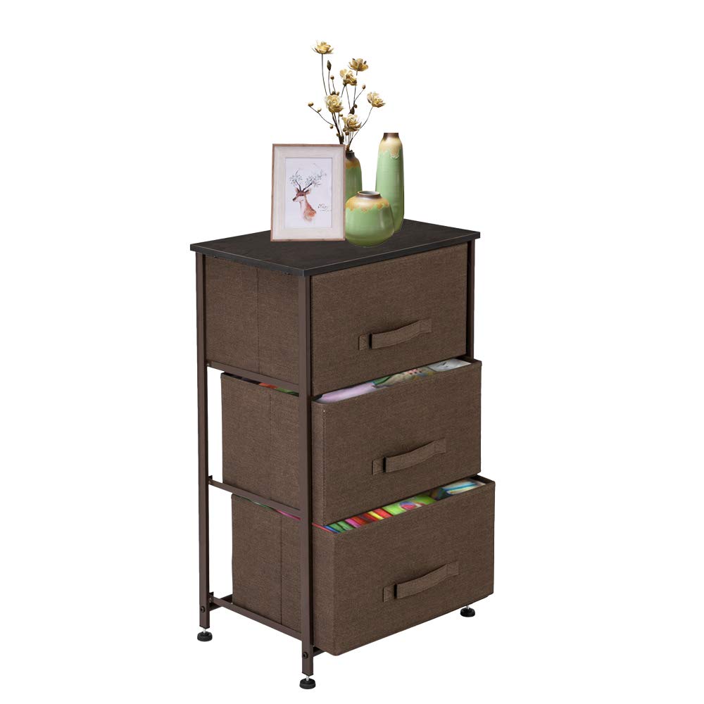 Modern Nightstand with 3 Fabric Drawers - Wood Top Bedside Table with Storage Bins - Lightweight Accent Furniture for Bedroom, Nursery, Hallway & Entryway - Perfect for Small Spaces & Apartment Living (Brown)