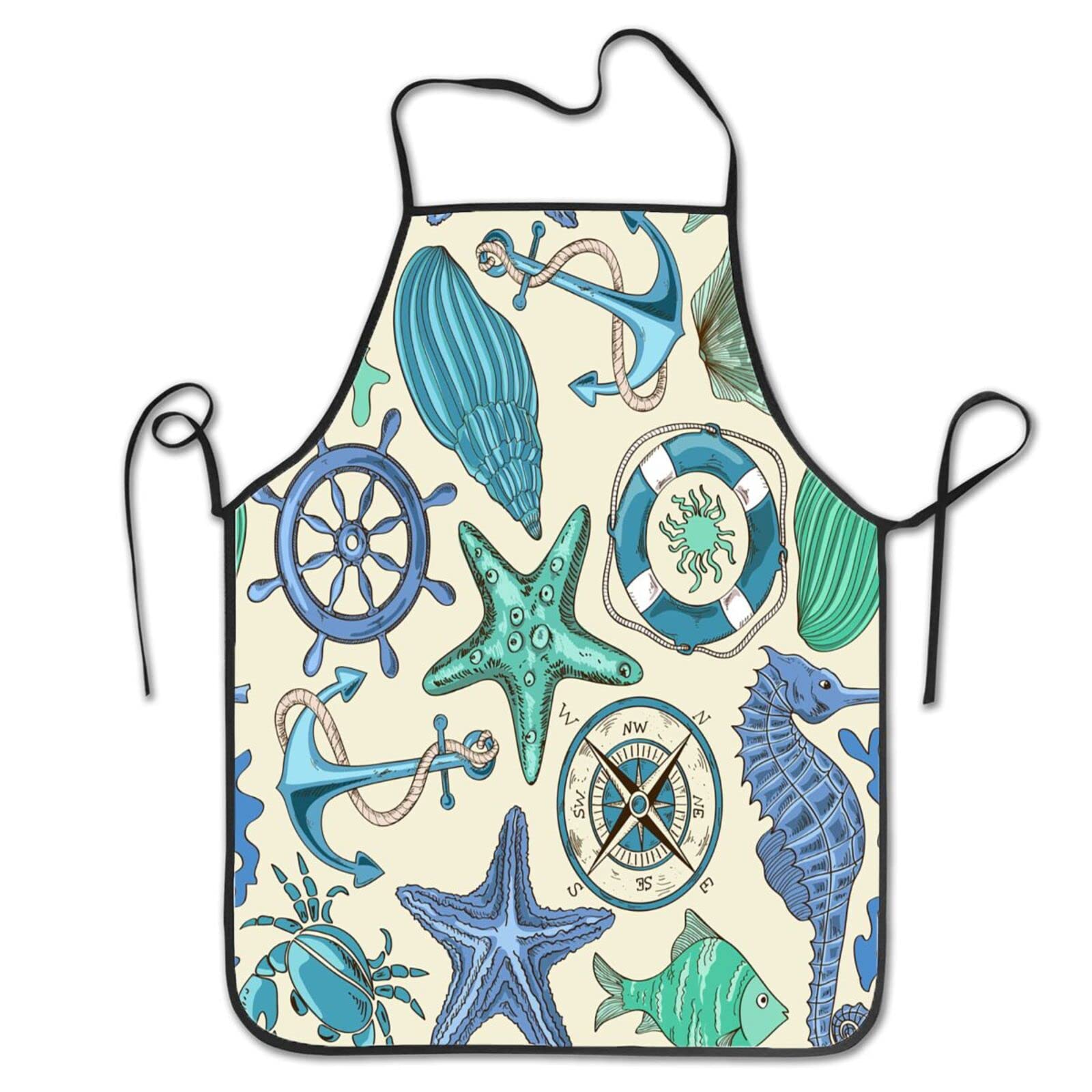 Nautical Blue Crab Shell Print Bib Apron for Women & Men - Durable Kitchen & Bistro Apron for Cooking, Grilling & Serving - Perfect for Home Chefs & Restaurant Staff