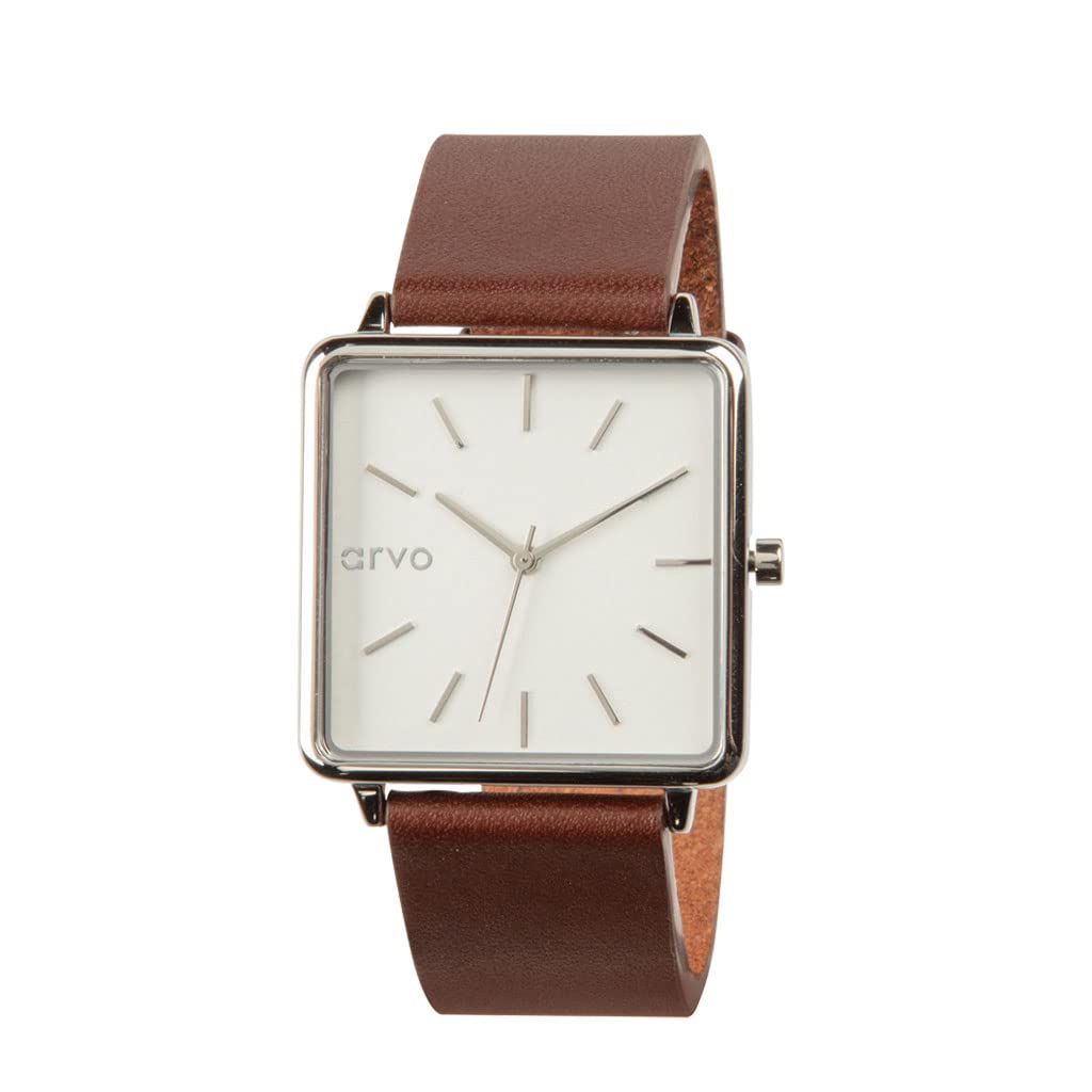 Arvo Time Squared Watch - Silver Stainless Steel Case with Genuine Saddle Leather Band - Minimalist Dress Watch for Men & Women - Perfect for Business, Casual & Formal Occasions