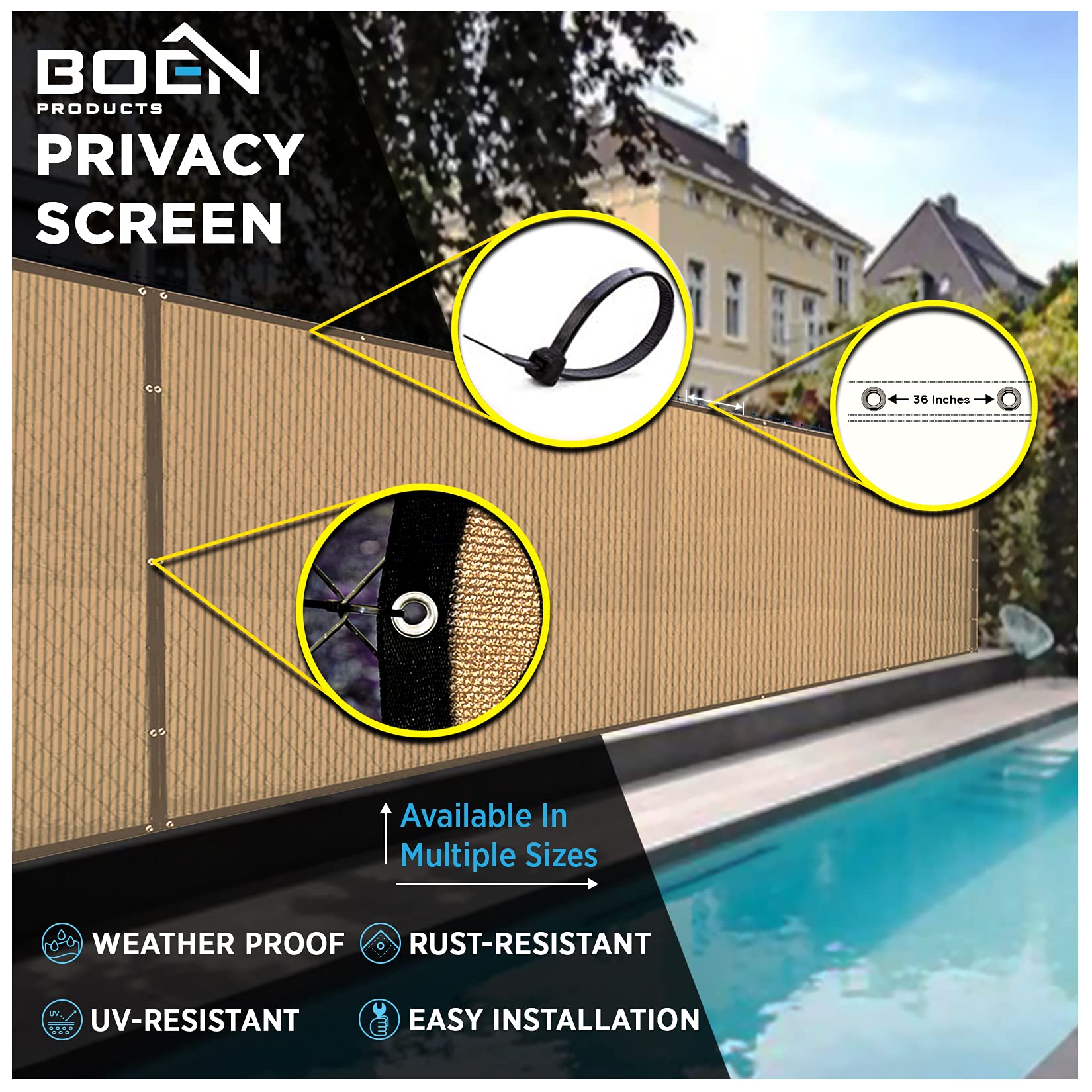 Boen 6' x 50' Beige Backyard Privacy Screen Fence Cover - Instant Outdoor Windproof Shade Solution for Metal, Chain Link, Wood & Plastic Fencing - Perfect for Patio, Deck, Poolside & Garden Privacy Protection