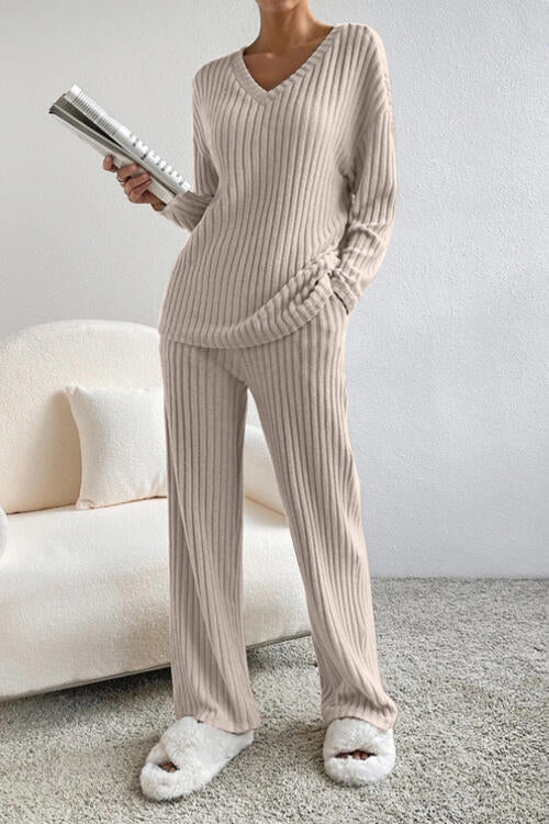 Stylish Ribbed V-Neck Top & Pants Set for Women - Comfortable Casual Outfit for Work, Date Night & Everyday Wear