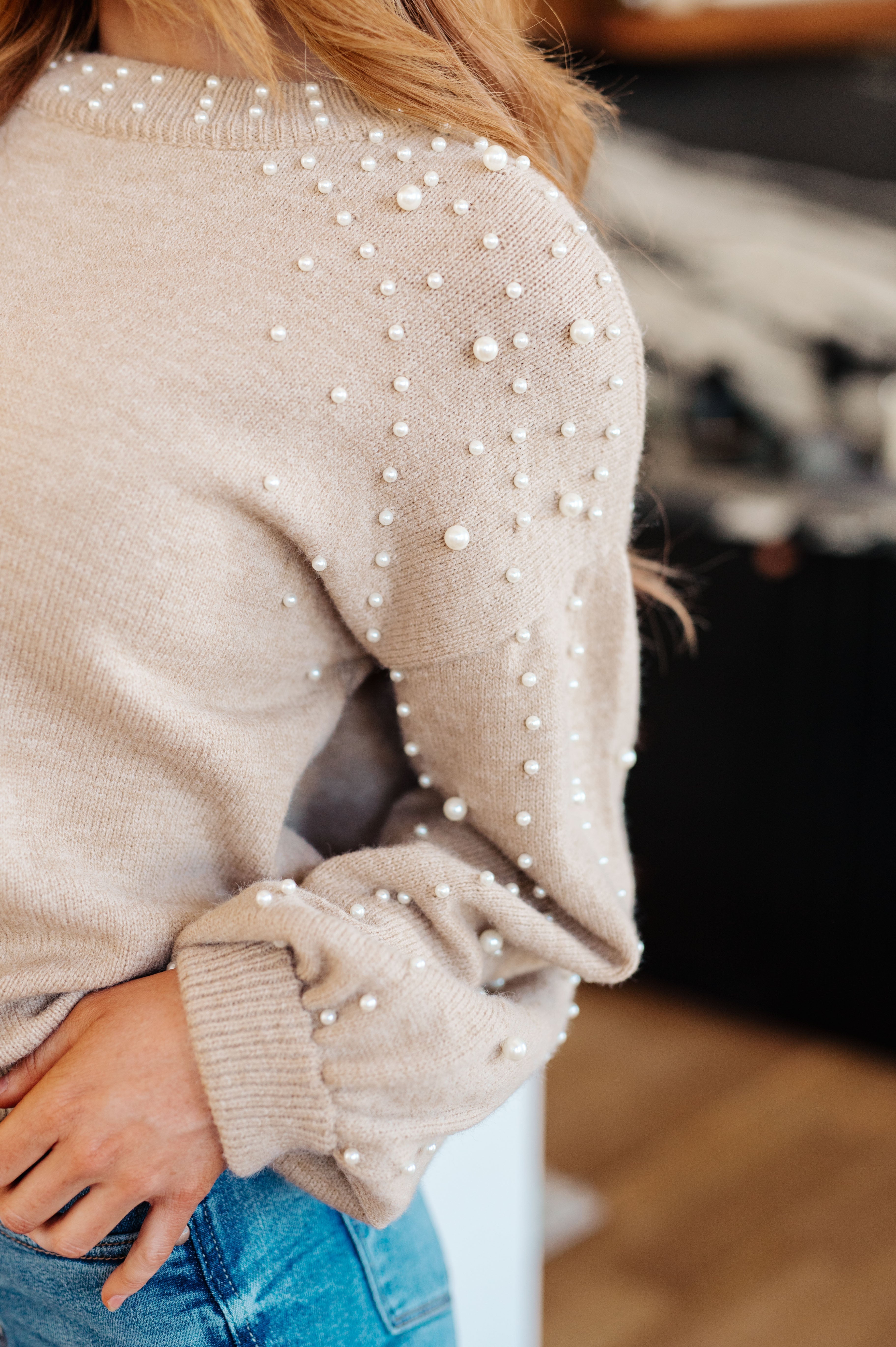Elegant String Me Along Pearl Accent Sweater - Women's Chic Knit Pullover with Pearl Details for Casual Wear & Office Outfits