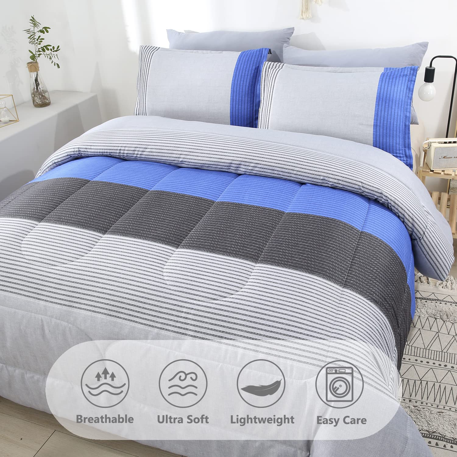 PERFEMET Blue Striped Comforter Set Queen Size - 3 Piece Blue & Grey Patchwork Bedding Set | Soft Lightweight Down Alternative Quilt for Teens, Boys, Girls, Men & Women | Perfect for Dorm Rooms, Guest Bedrooms & Cozy Nights (Blue, Queen)