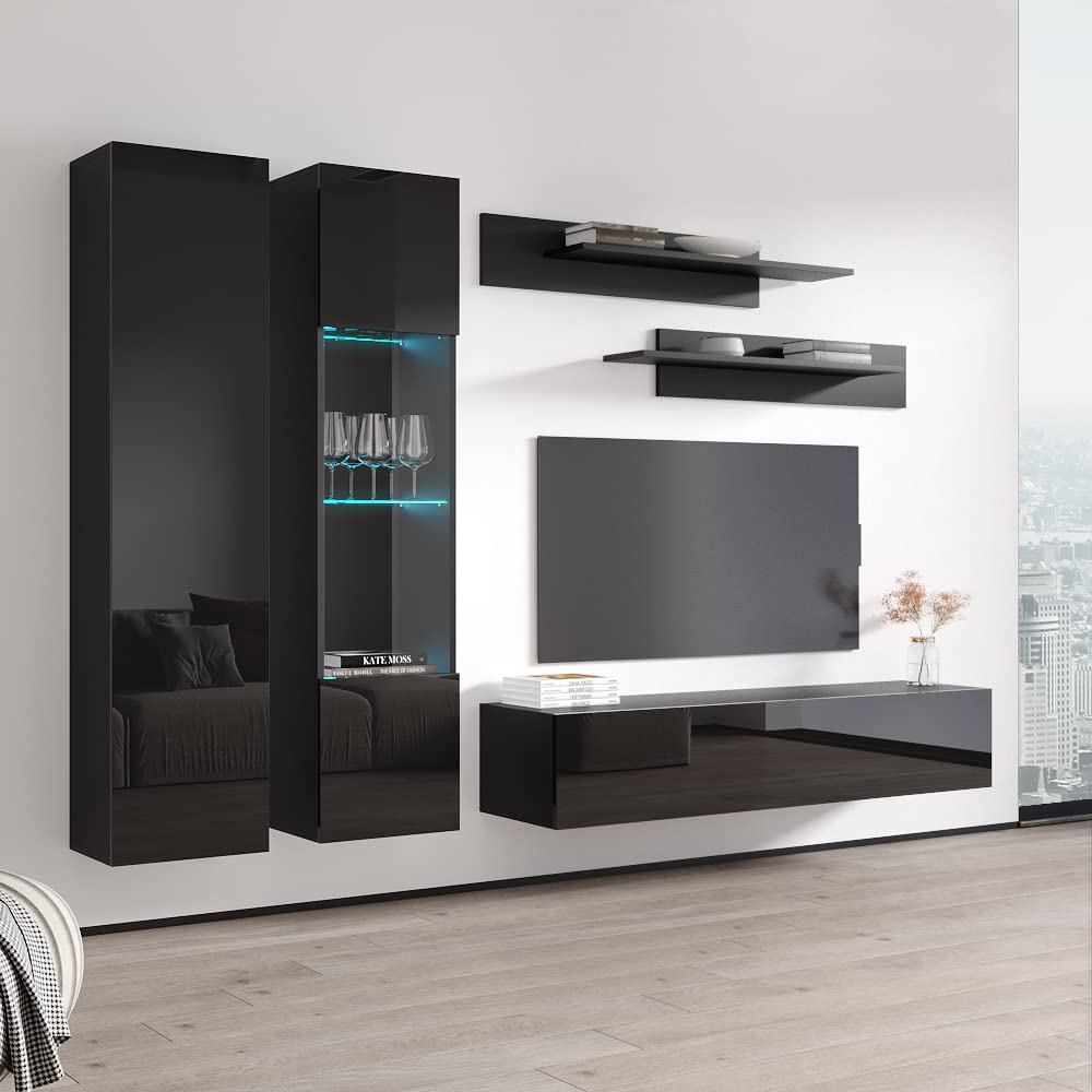 Modern Floating TV Stand with Storage & LED Lights - Wall-Mounted Entertainment Center Console for Bedroom & Living Room - Meble A5 30