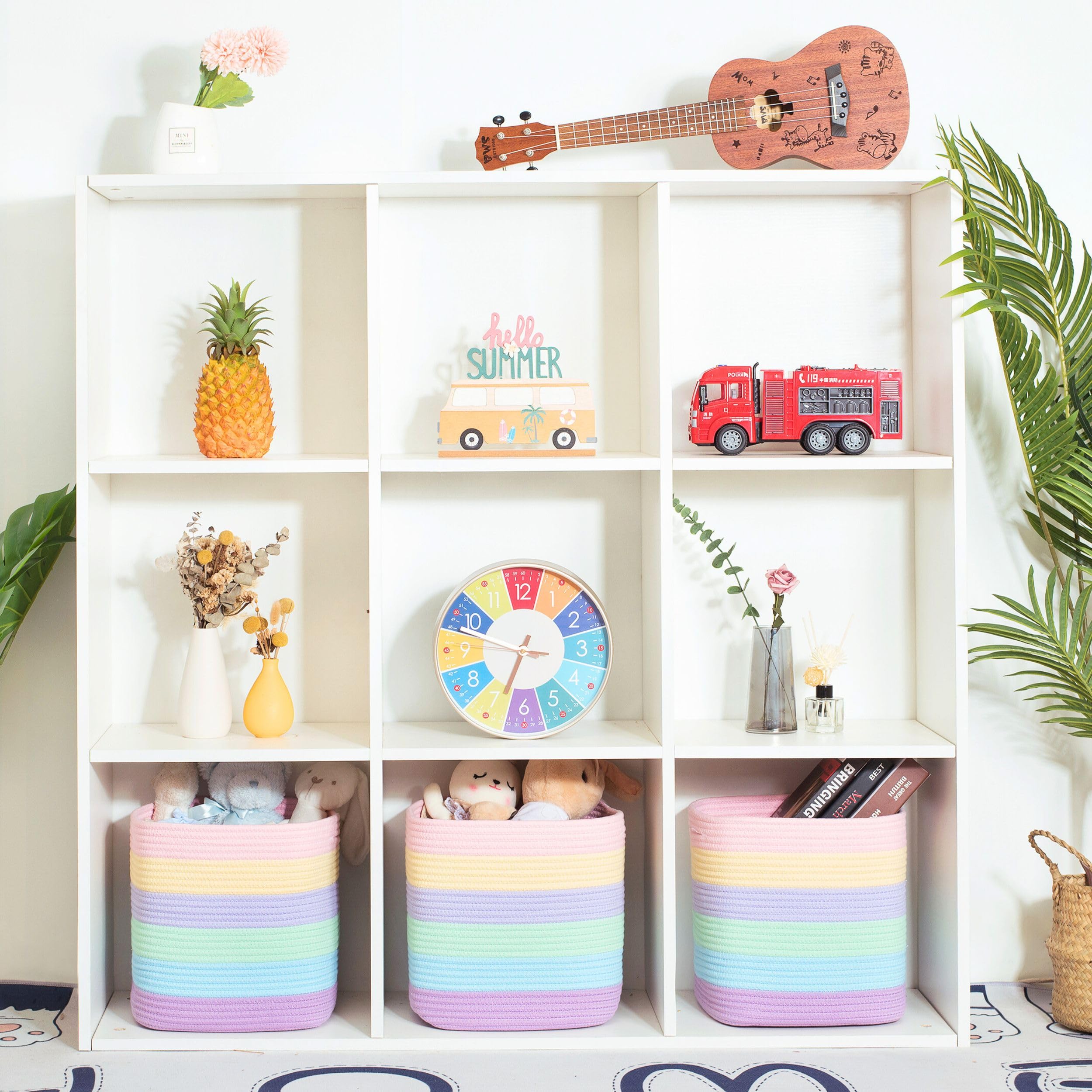 MINTWOOD 3-Pack 11x11 Inch Woven Storage Bins - Pastel Rainbow Cube Organizers for Closet, Classroom, Bathroom & Pantry | Decorative Shelf Baskets for Home Organization & Storage Solutions