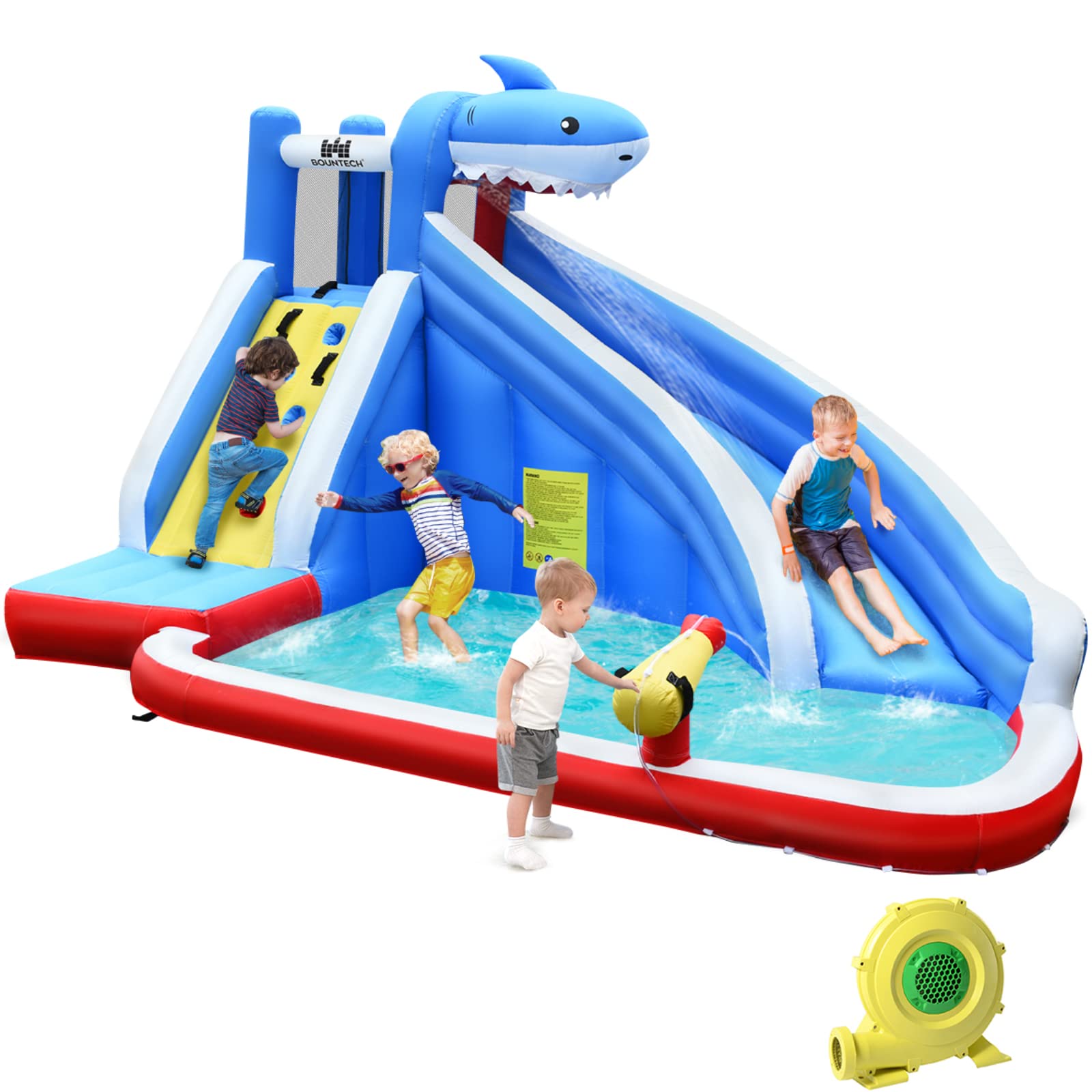 BOUNTECH Inflatable Water Slide with Shark Theme - 18ft Long Slide, Splash Pool & 750W Blower - Backyard Water Park for Kids & Adults - Perfect for Summer Parties, Birthday Gifts & Outdoor Family Fun