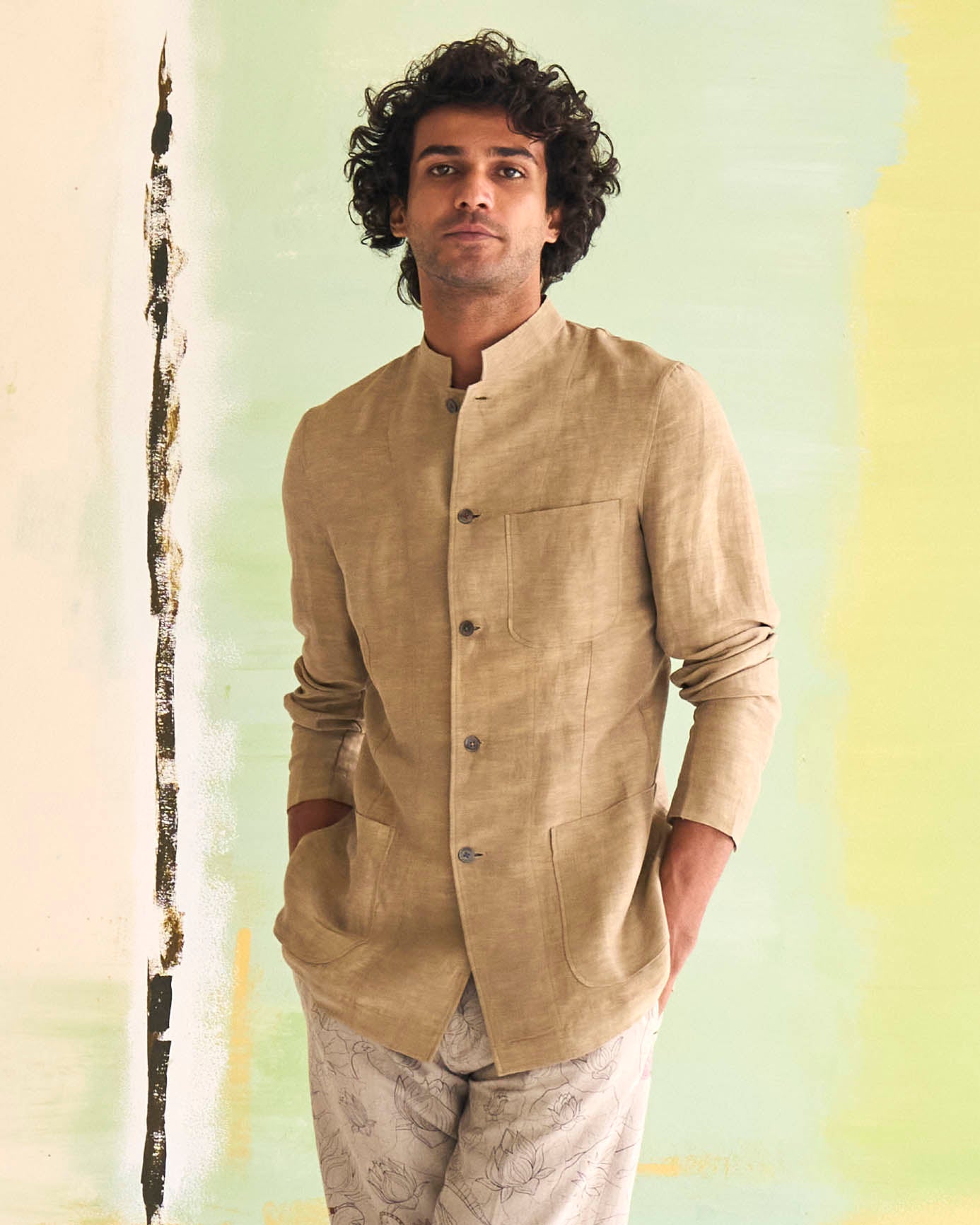 Elegant Beige Bandhgala Jacket in Satin Linen Fabric for Men | Perfect for Weddings, Parties & Formal Events