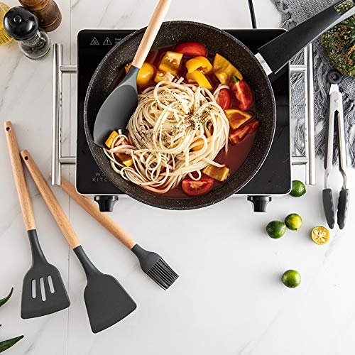 Premium Silicone Kitchen Utensil Set with Wooden Handles - 12-Piece Heat-Resistant Cooking Tools Including Spatula, Turner, Tongs & Whisk - Non-Slip Holder Included - Perfect for Baking, Frying & Everyday Cooking (Black)