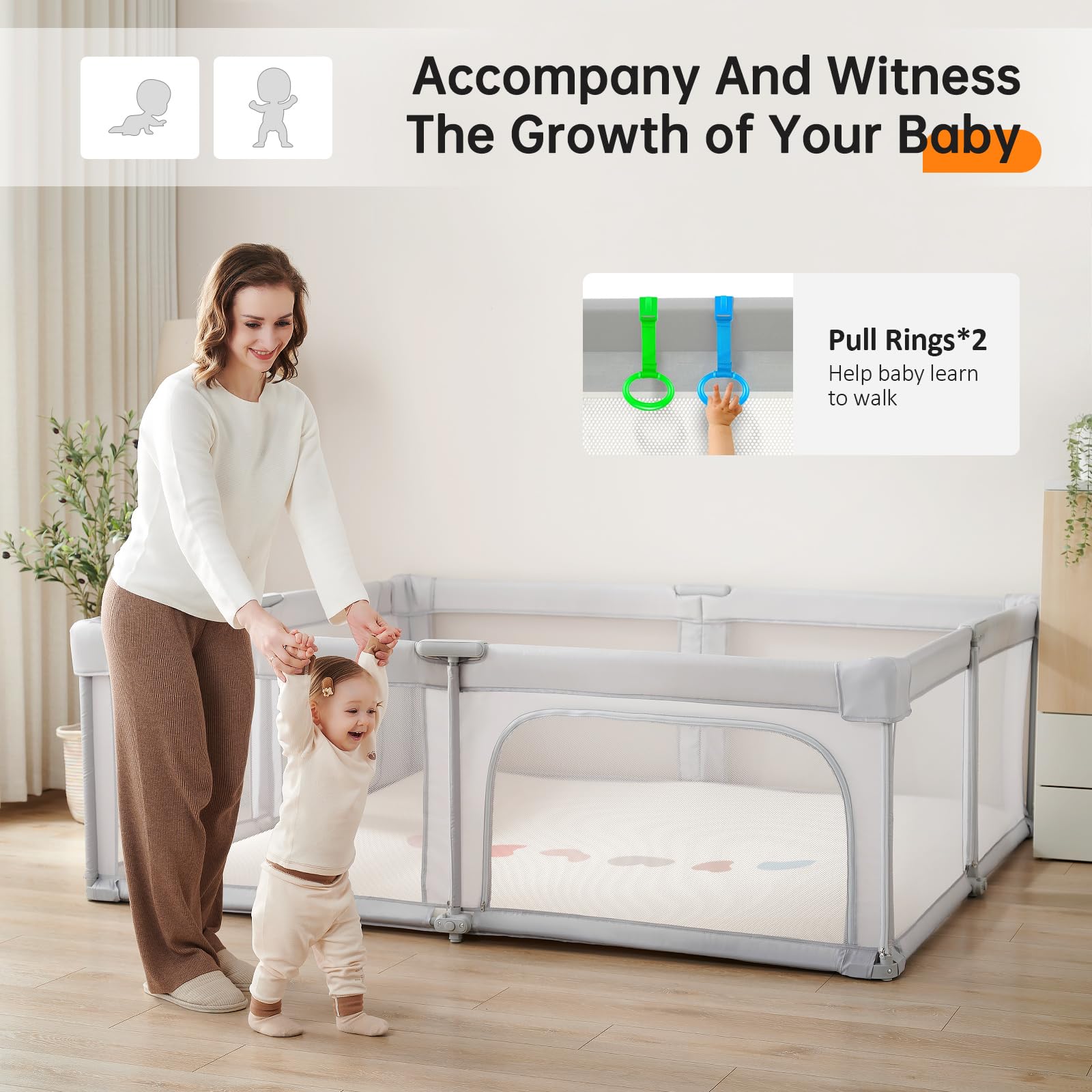 Foldable Baby Playpen - 59”x59” Portable Play Yard for Infants & Toddlers with Zipper Door | Indoor & Outdoor Safety Play Area | Light Grey Collapsible Playpen with Travel Bag | Perfect for Home, Park, and Travel Use