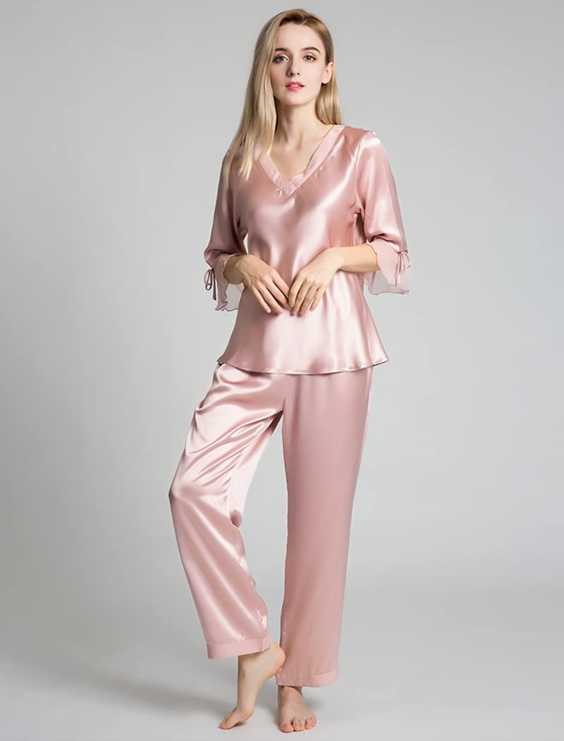 Orose Women's 100% Pure Mulberry Silk Pajama Set - V-Neck 3/4 Sleeve Sleepwear for Ladies | Soft & Breathable Nightwear for Relaxation, Travel & Special Occasions