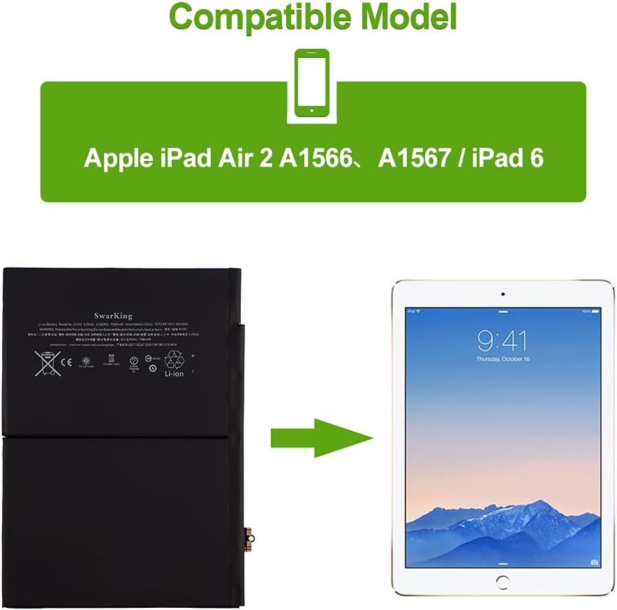 High-Capacity A1547 Replacement Battery for Apple iPad 6 / iPad Air 2 (WiFi Models A1547 A1566 A1567) - Includes Installation Tools - Perfect for Home, Office & Travel Use