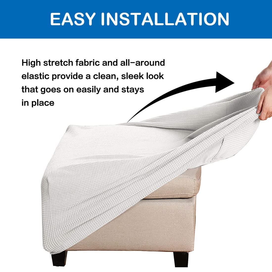 Stretch Ottoman Cover Rectangle - X-Large White Slipcover with Elastic Bottom | Furniture Protector for Folding Storage Stool | Soft & Durable for Living Room, Bedroom, Nursery