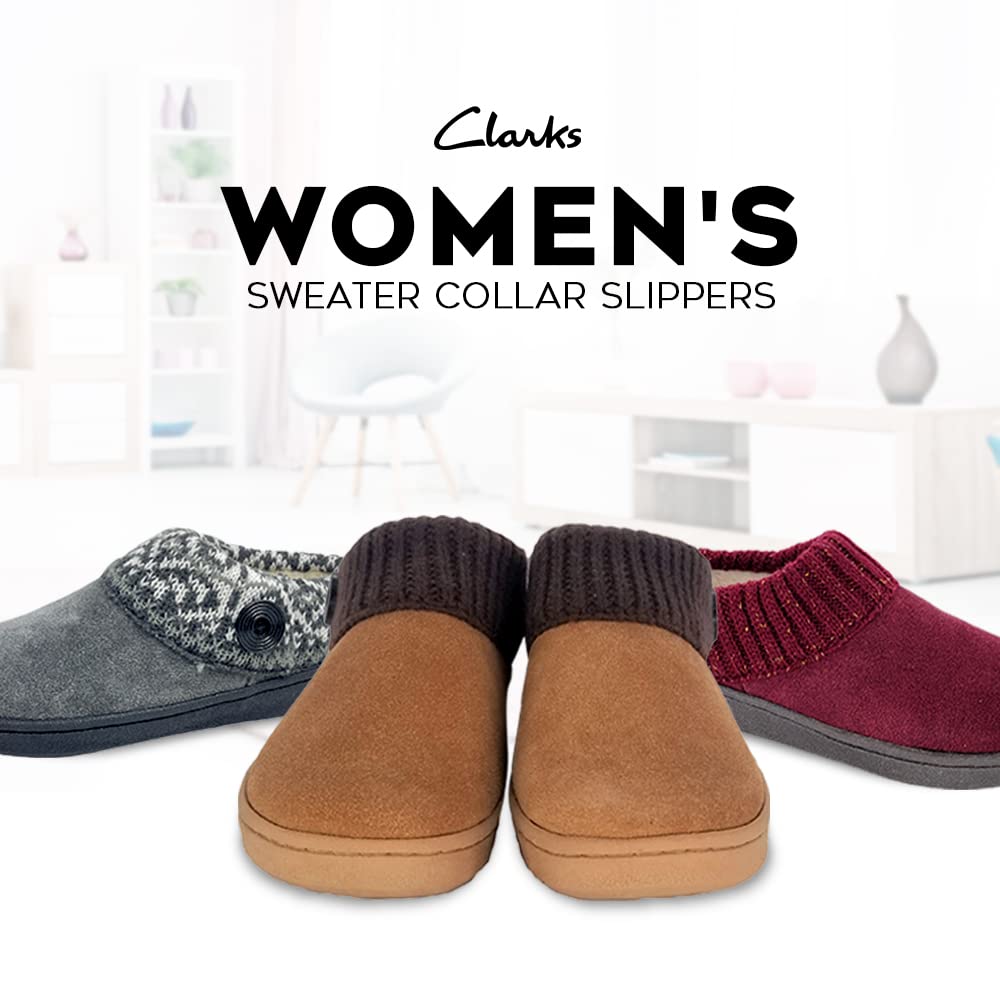 Clarks Women's Suede Leather Comfort Clog Knitted Collar Slippers - Plush Faux Fur Trim - Indoor & Outdoor House Shoes for Women - Grey/Grey Size 6M - Cozy Homewear for Relaxing & Lounging