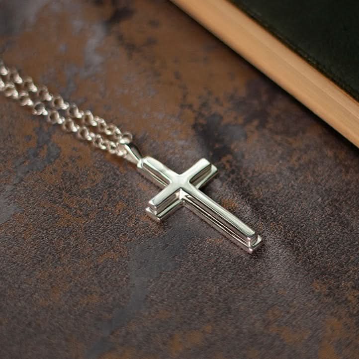 Men's Heavy Silver Cross Necklace - Religious Jewelry for Men, Stainless Steel Pendant with 24