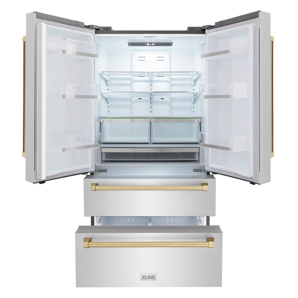ZLINE Autograph Edition 36 Inch Counter Depth French Door Refrigerator - 22.5 cu ft Stainless Steel with Ice Maker & Champagne Bronze Handles | Fingerprint Resistant | Perfect for Modern Kitchens & Open Concept Homes (RFMZ 36 CB)