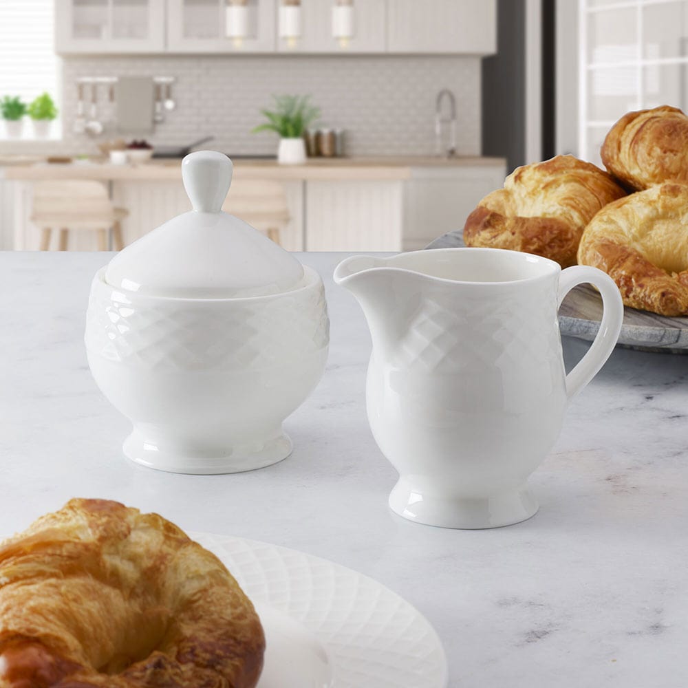 Elegant White Trellis Sugar and Creamer Set - Perfect for Coffee & Tea Service, Dining Table Decor, and Gift Giving