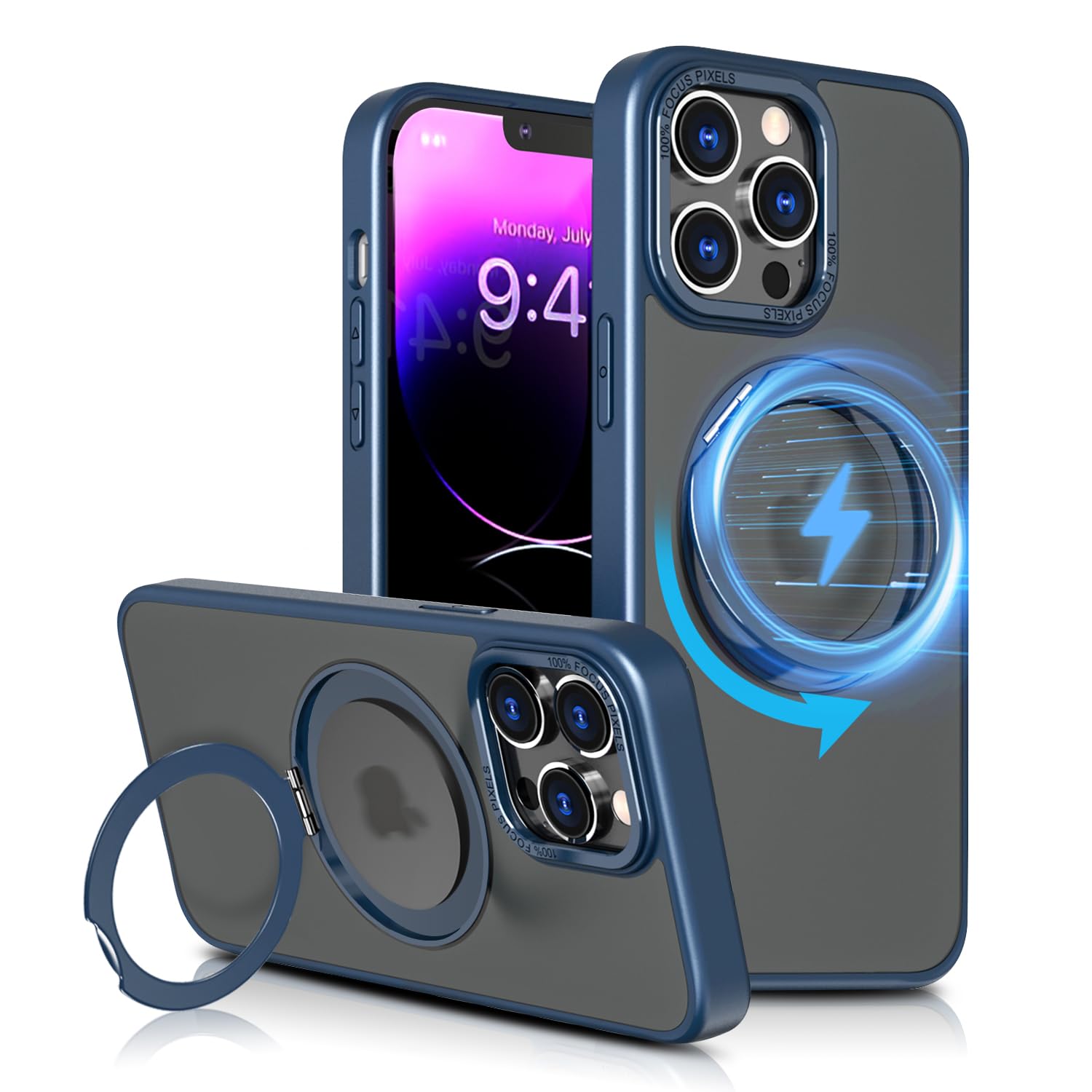 **Shockproof iPhone 13 Pro Max Case with MagSafe Compatibility, Built-in Stand & Rotating Ring Holder – MIL-Grade Dual Layer Protection, Matte Hard Back Cover – Perfect for Work, Travel & Daily Use (Blue)**