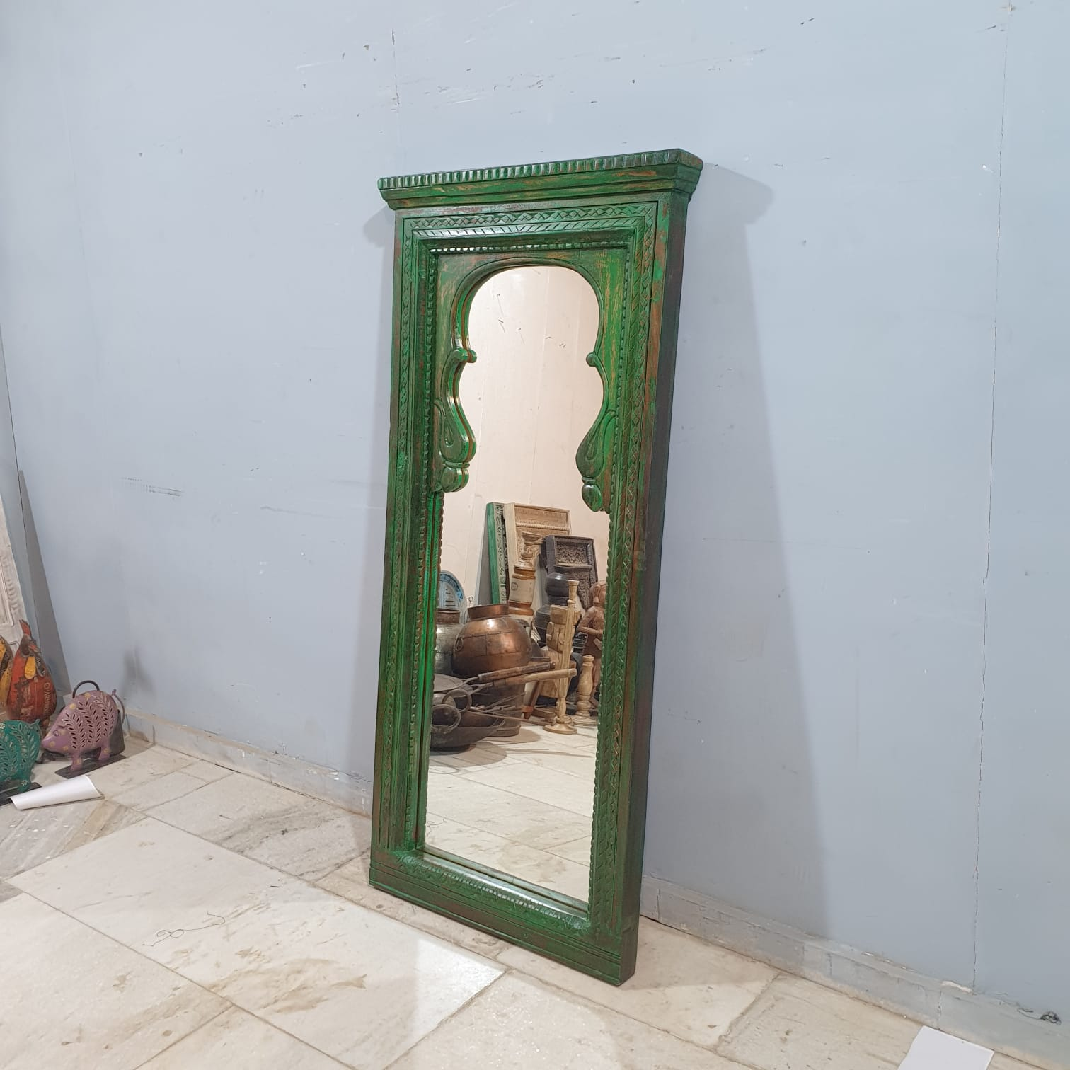 Handmade Indian Wooden Mirror Frame - Rustic Green Carved Design 70x150 cm - Perfect for Boho Home Decor, Living Room & Bedroom Wall Art
