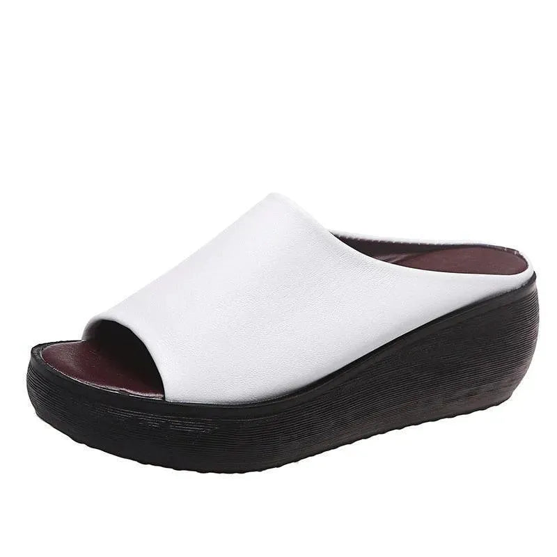 Women's Comfortable Slip-On Leather Wedge Sandals - Casual Summer Shoes for Beach, Walking & Outdoor Activities