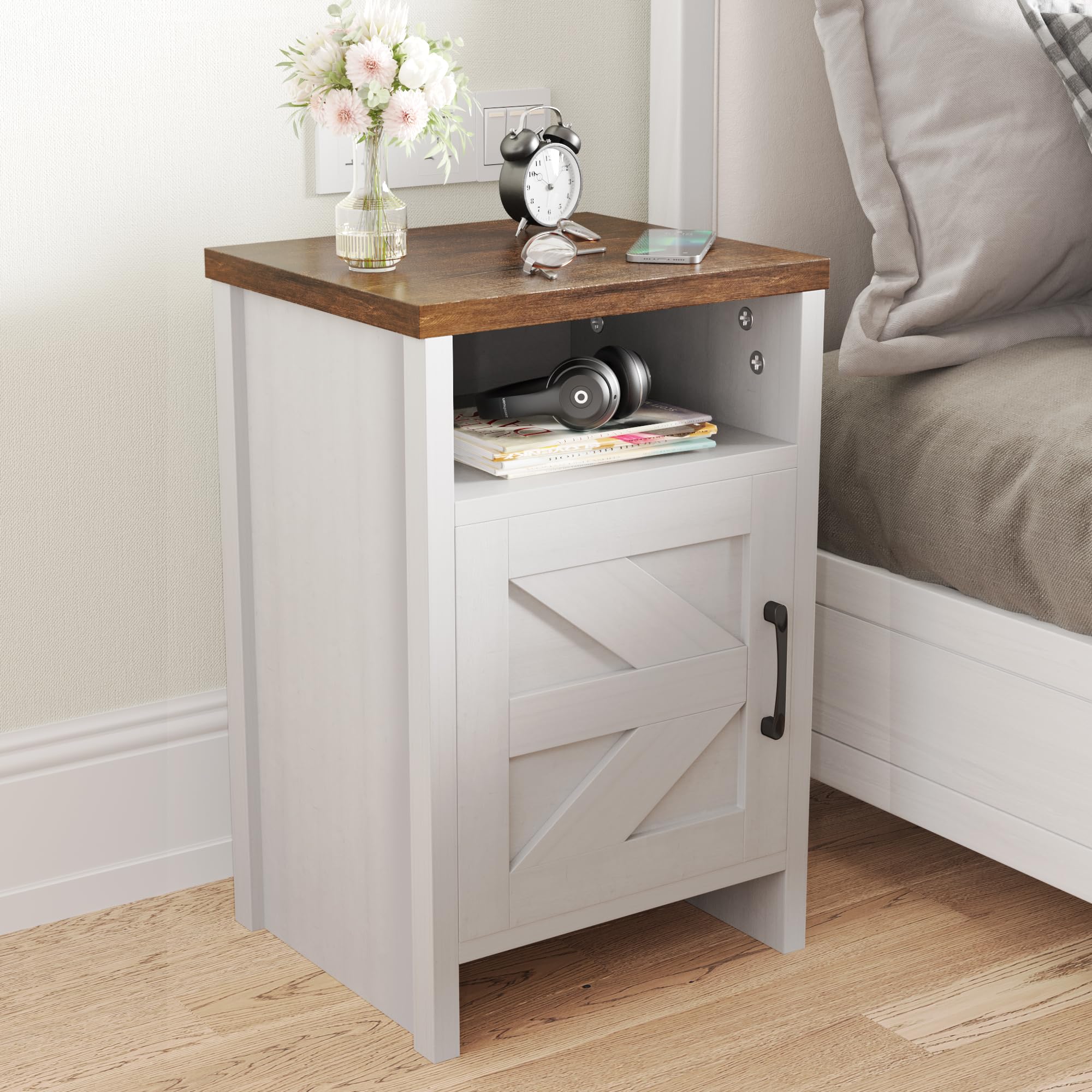 JUMMICO White Farmhouse Nightstand - Modern Bedside Table with Barn Door & Shelf, Rustic End Table for Bedroom & Living Room - Perfect for Small Spaces, Guest Rooms & Apartment Decor (Set of 2)